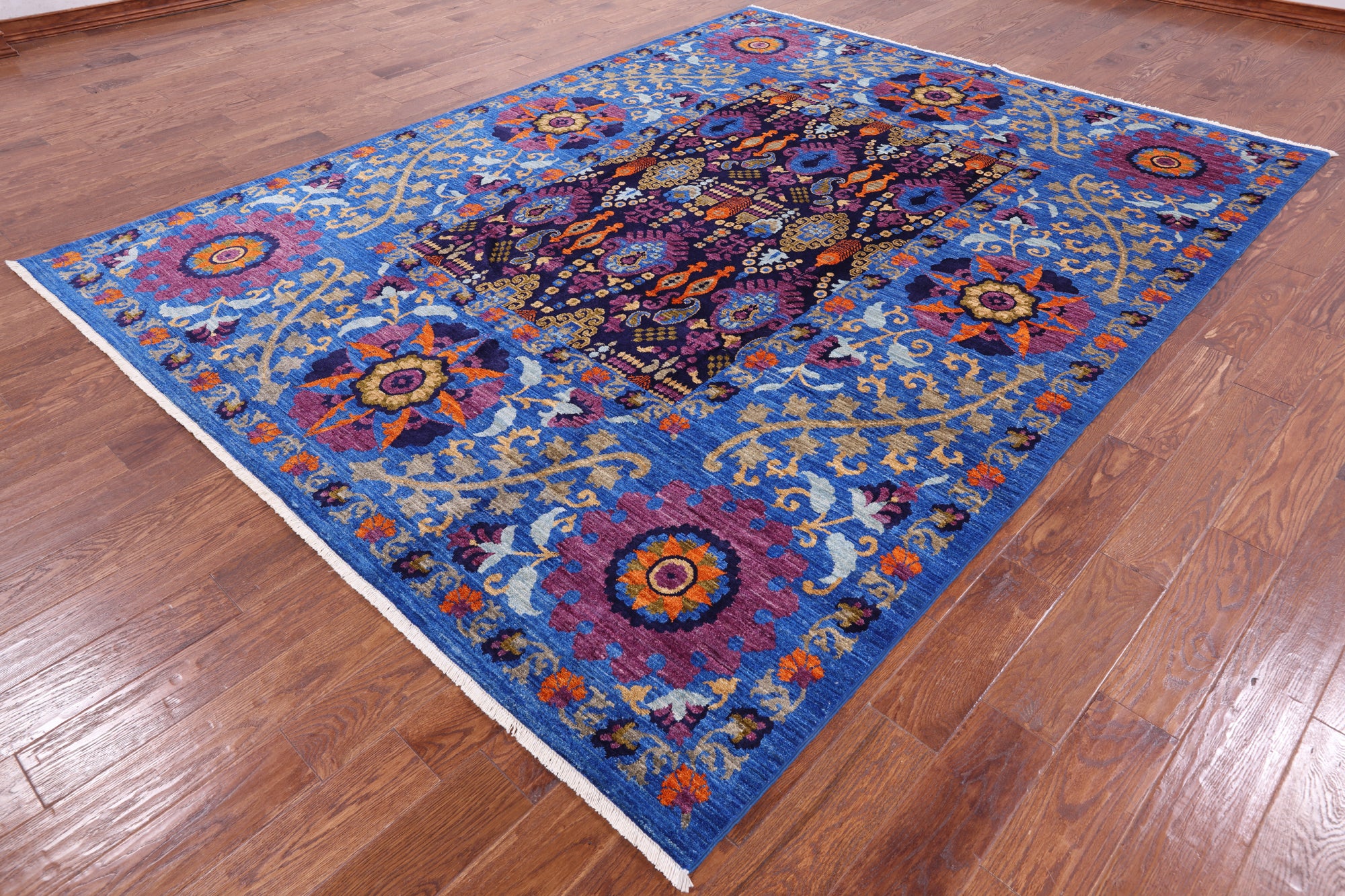 Blue William Morris Handmade Wool Rug - 8' 2" X 10' 2" - Golden Nile