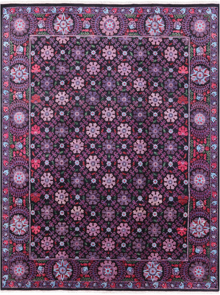 Black William Morris Hand Knotted Wool Area Rug - 8' 0" X 10' 4" - Golden Nile