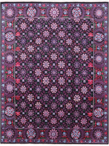 Black William Morris Hand Knotted Wool Area Rug - 8' 0