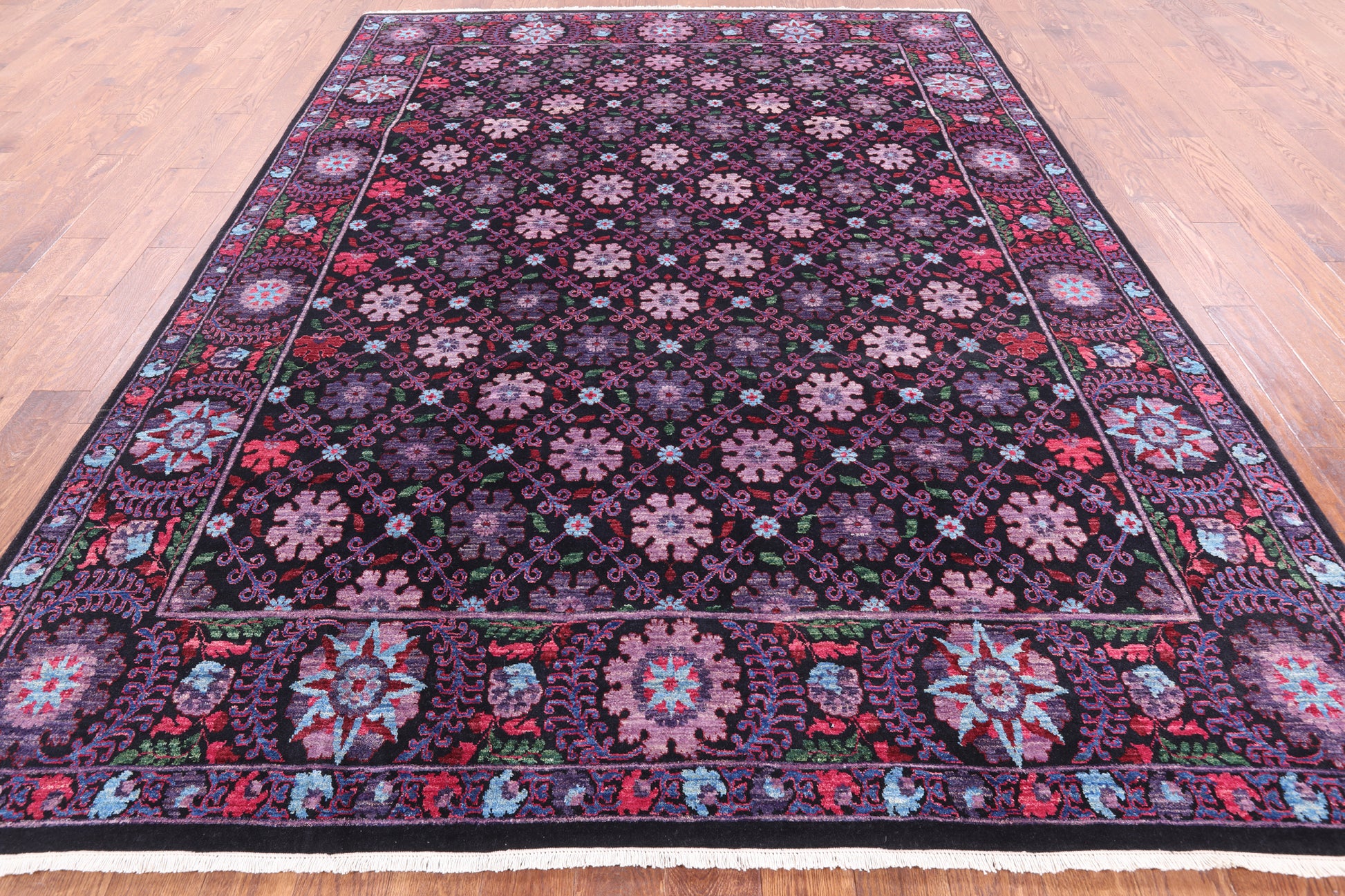 Black William Morris Hand Knotted Wool Area Rug - 8' 0" X 10' 4" - Golden Nile