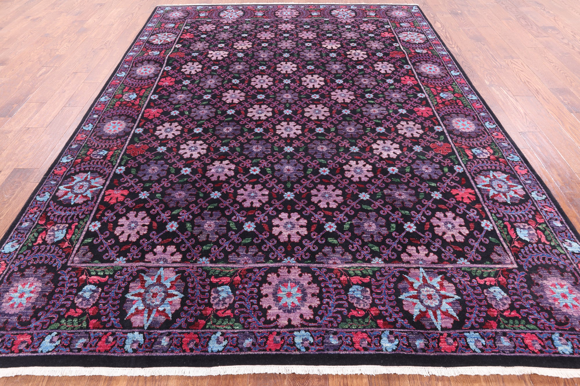 Black William Morris Hand Knotted Wool Area Rug - 8' 0" X 10' 4" - Golden Nile