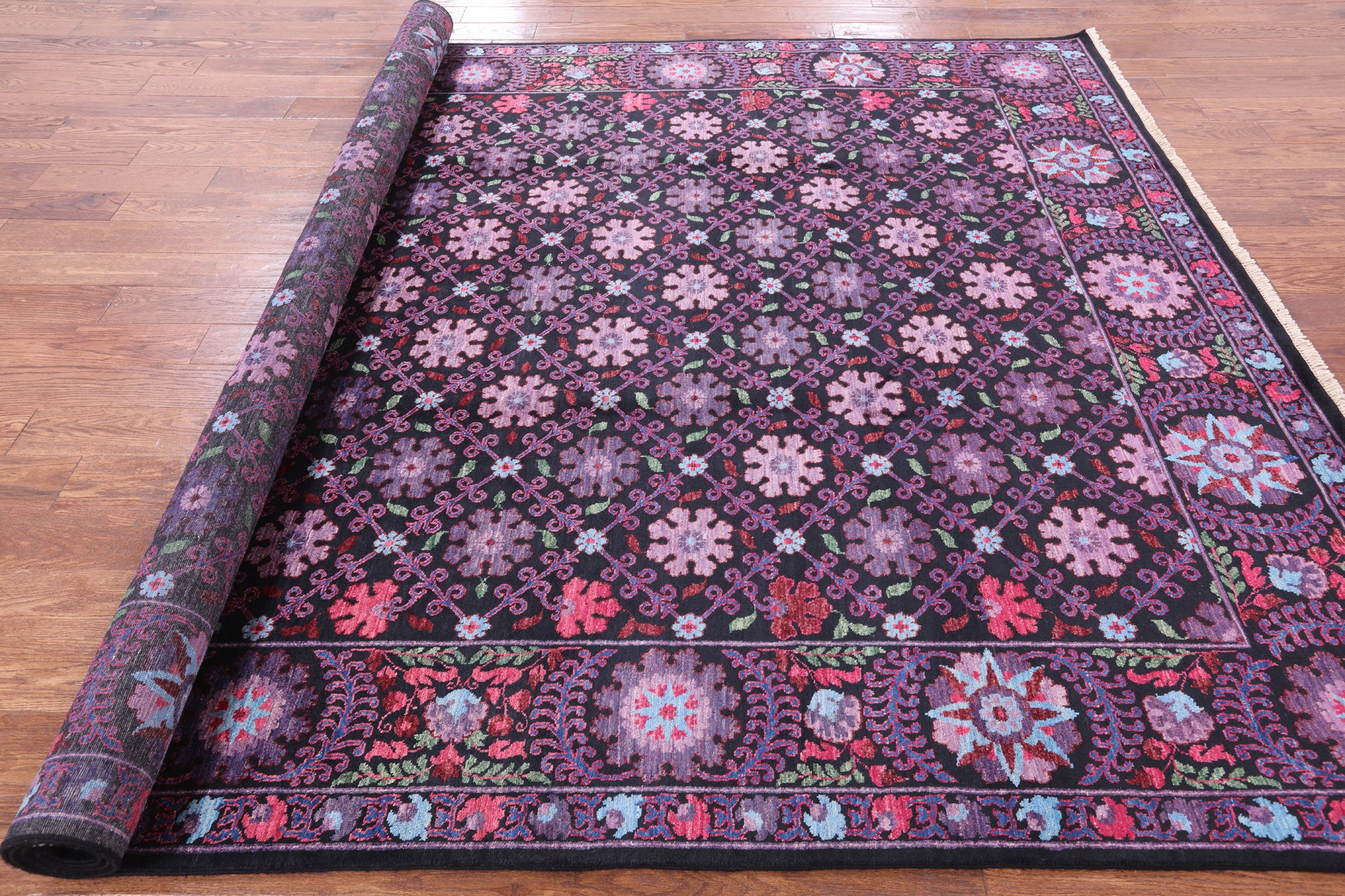 Black William Morris Hand Knotted Wool Area Rug - 8' 2" X 10' 3" - Golden Nile
