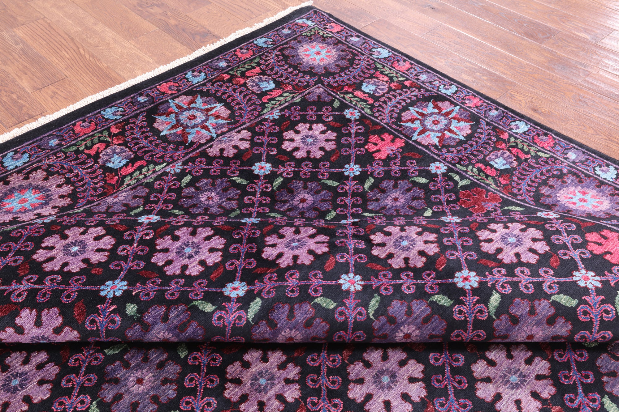 Black William Morris Hand Knotted Wool Area Rug - 8' 2" X 10' 3" - Golden Nile