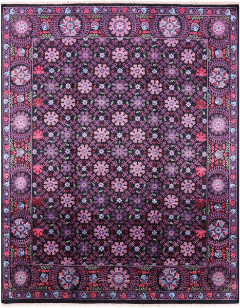 Black William Morris Hand Knotted Wool Area Rug - 8' 2" X 10' 3" - Golden Nile