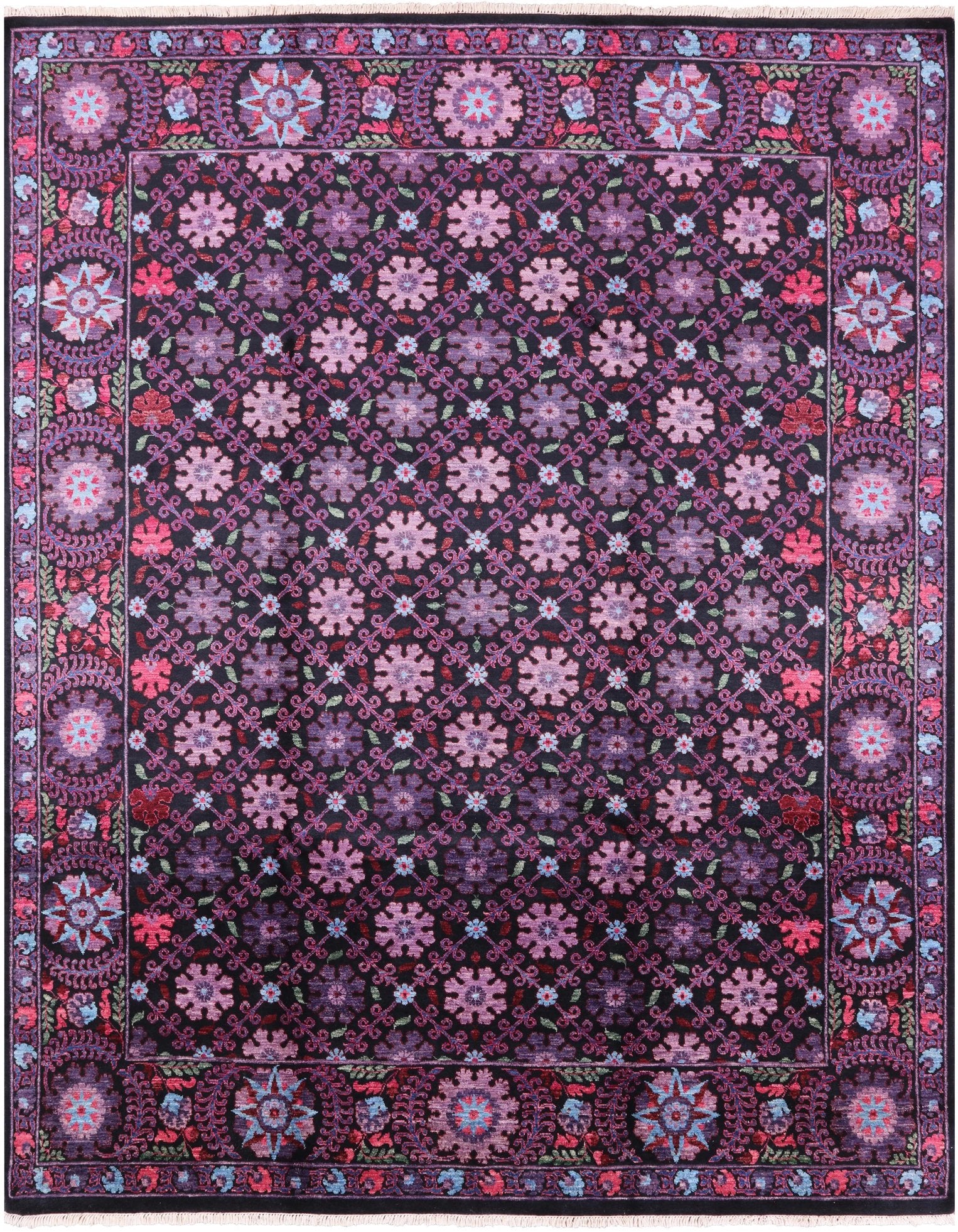 Black William Morris Hand Knotted Wool Area Rug - 8' 2" X 10' 3" - Golden Nile
