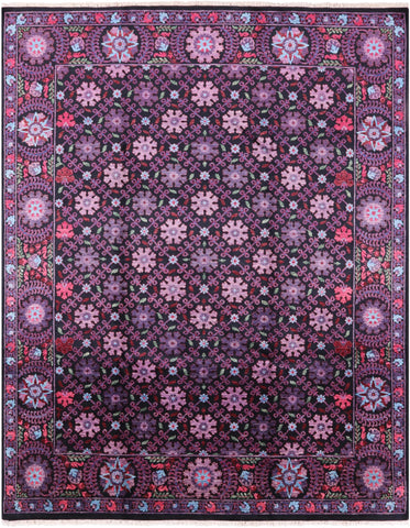 Black William Morris Hand Knotted Wool Area Rug - 8' 2