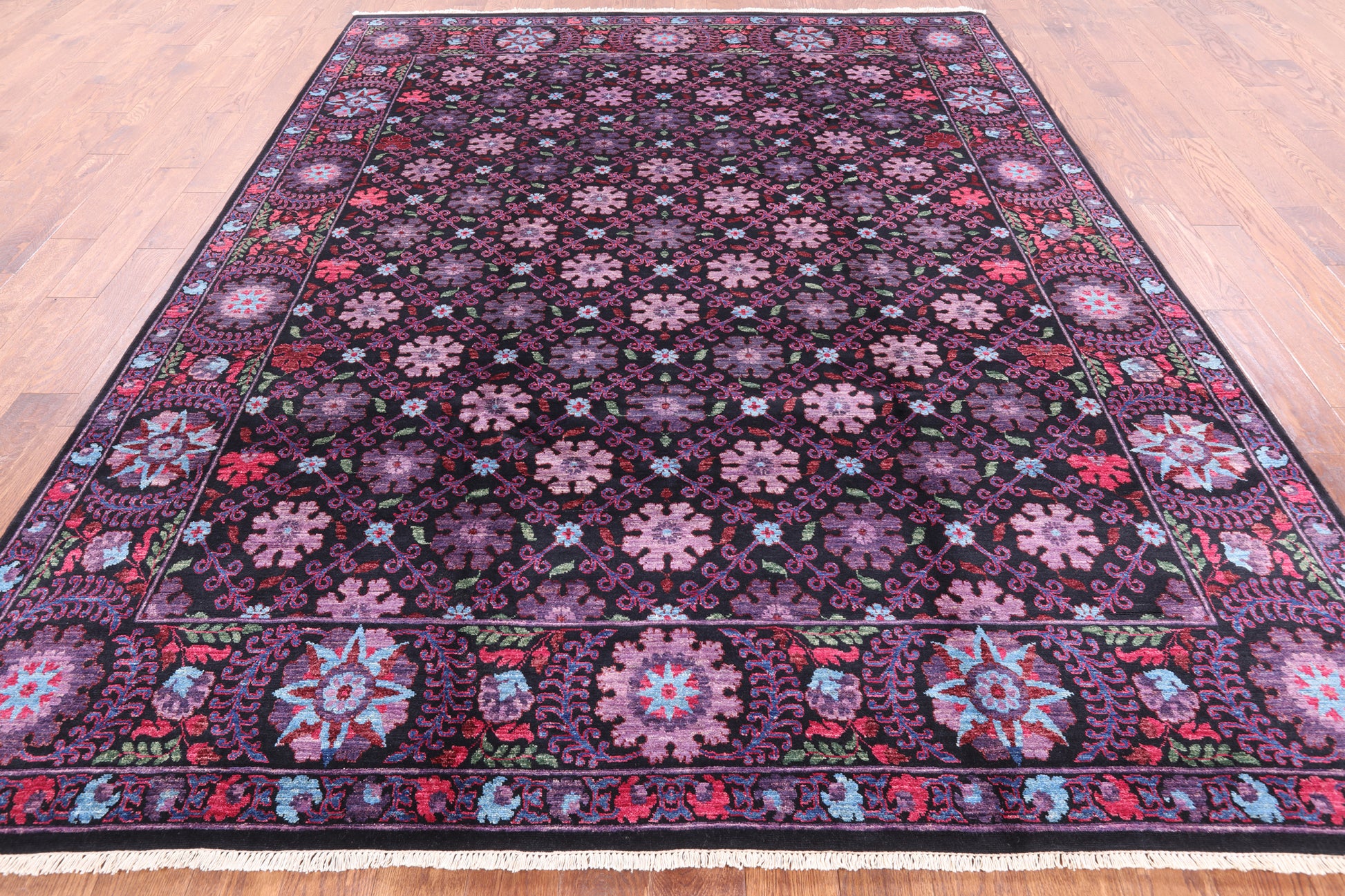 Black William Morris Hand Knotted Wool Area Rug - 8' 2" X 10' 3" - Golden Nile