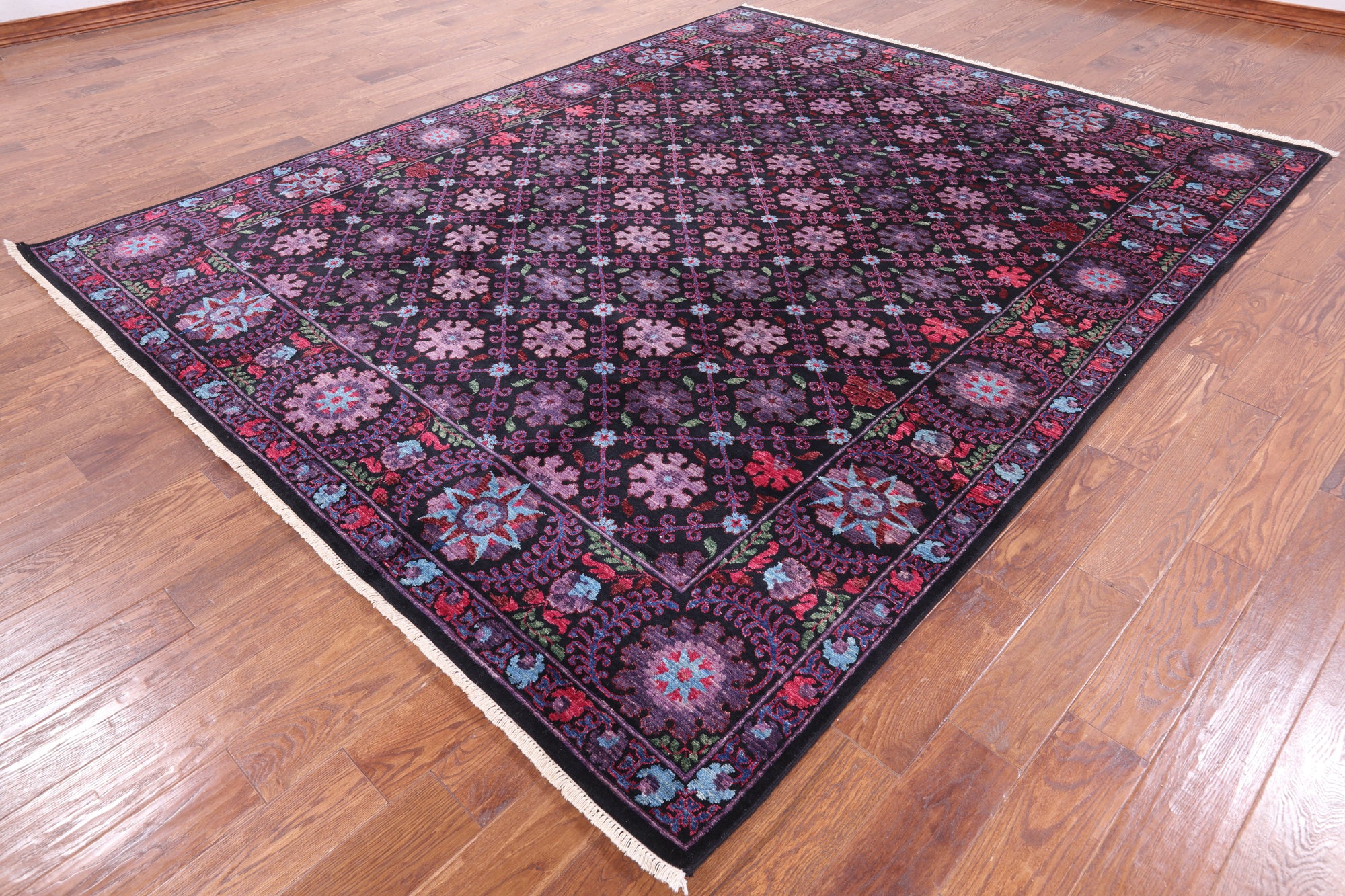Black William Morris Hand Knotted Wool Area Rug - 8' 2" X 10' 3" - Golden Nile