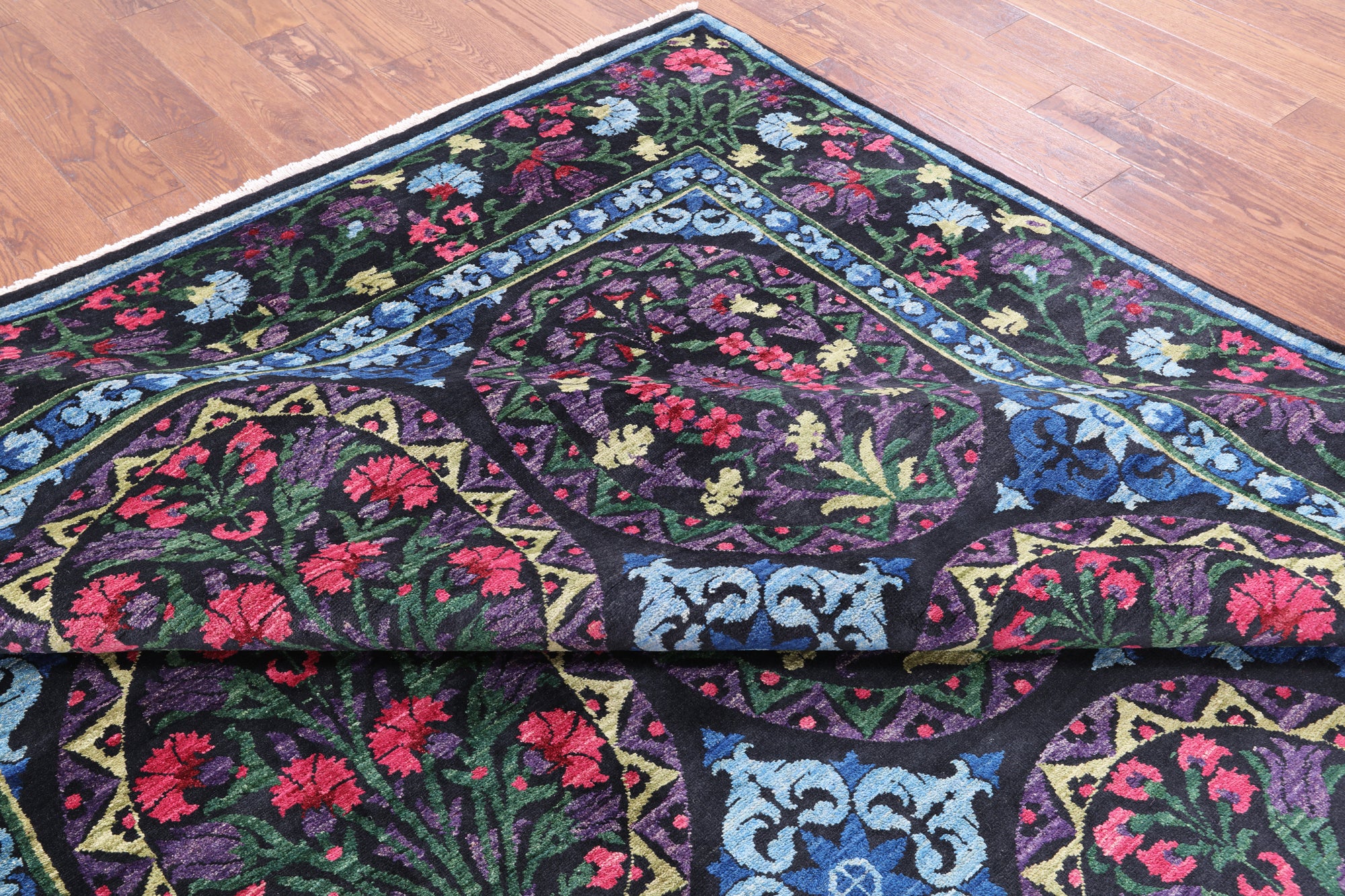 Black William Morris Handmade Wool Area Rug - 8' 0" X 12' 7" - Golden Nile