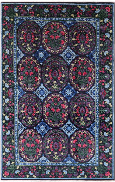 Black William Morris Handmade Wool Area Rug - 8' 0" X 12' 7" - Golden Nile