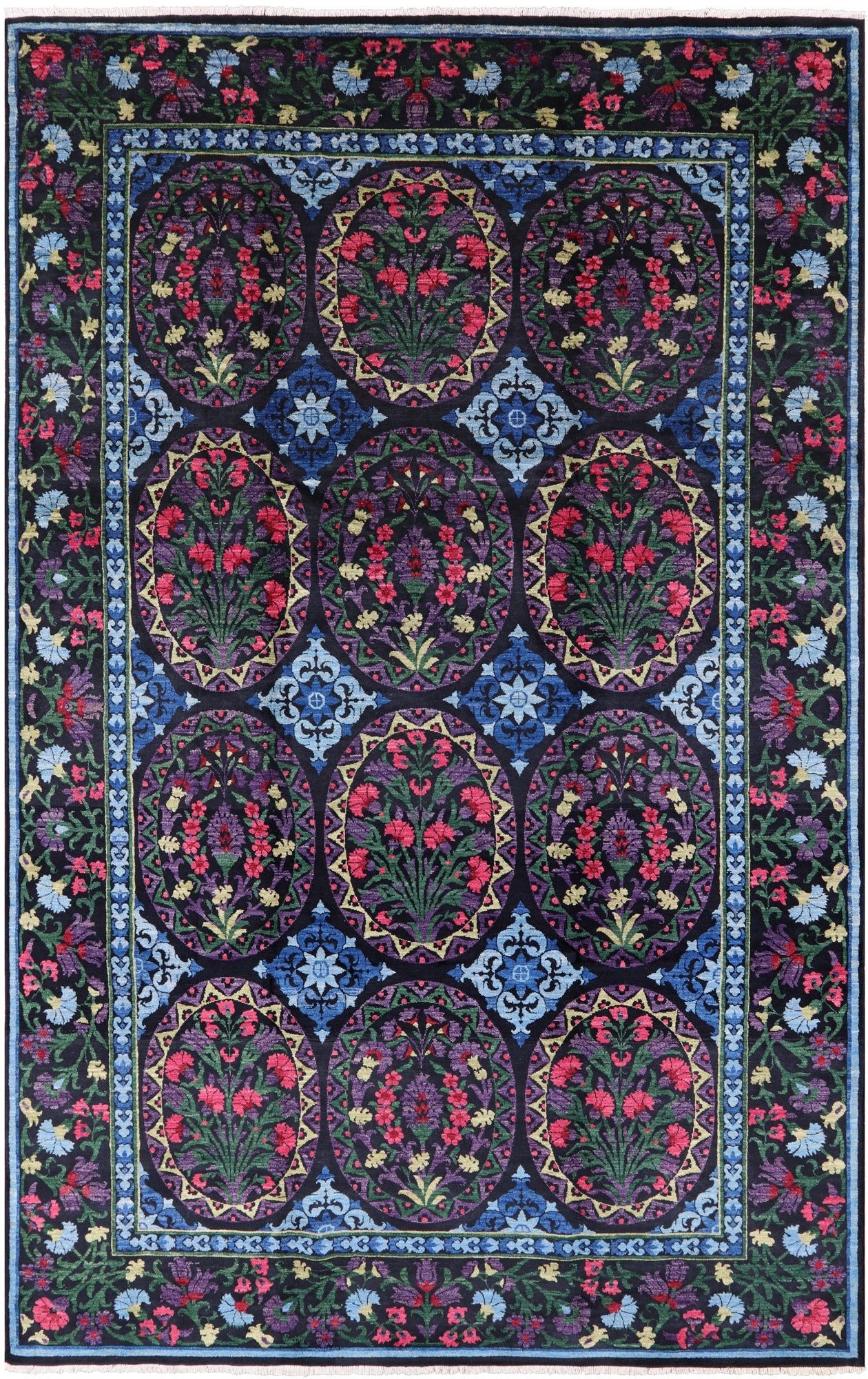 Black William Morris Handmade Wool Area Rug - 8' 0" X 12' 7" - Golden Nile