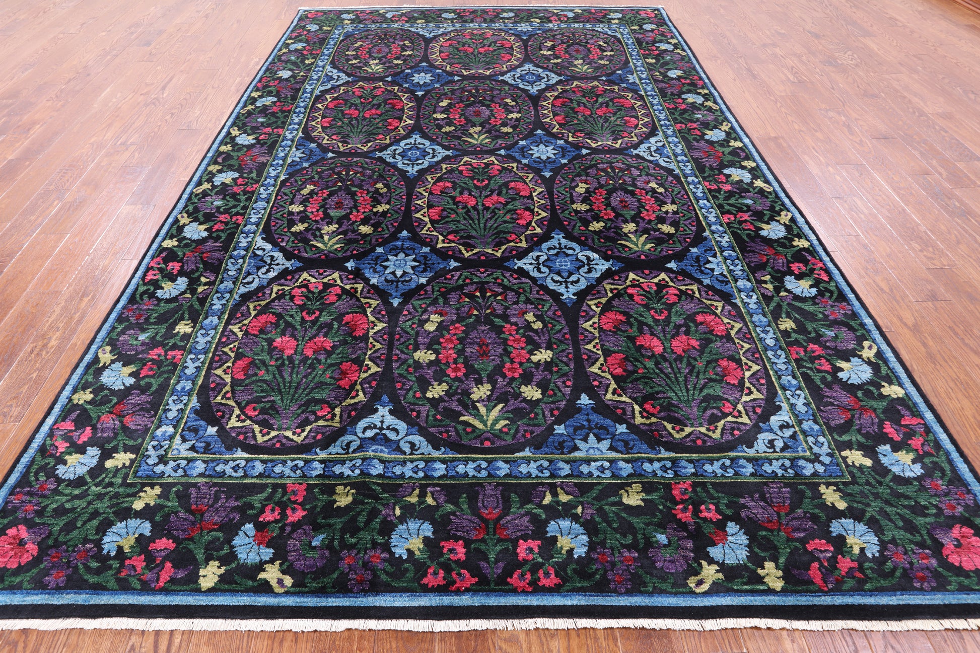 Black William Morris Handmade Wool Area Rug - 8' 0" X 12' 7" - Golden Nile