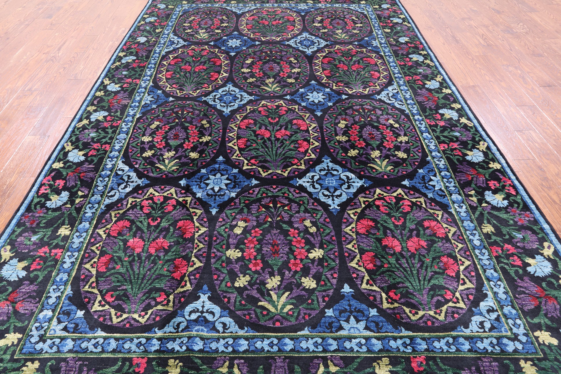Black William Morris Handmade Wool Area Rug - 8' 0" X 12' 7" - Golden Nile