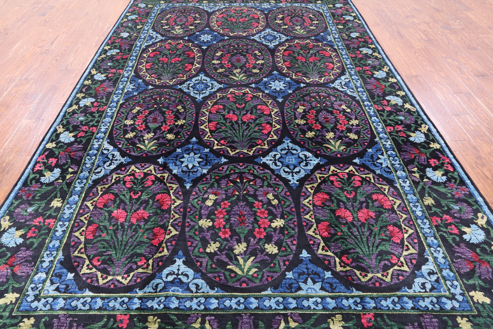 Black William Morris Handmade Wool Area Rug - 8' 0" X 12' 7" - Golden Nile