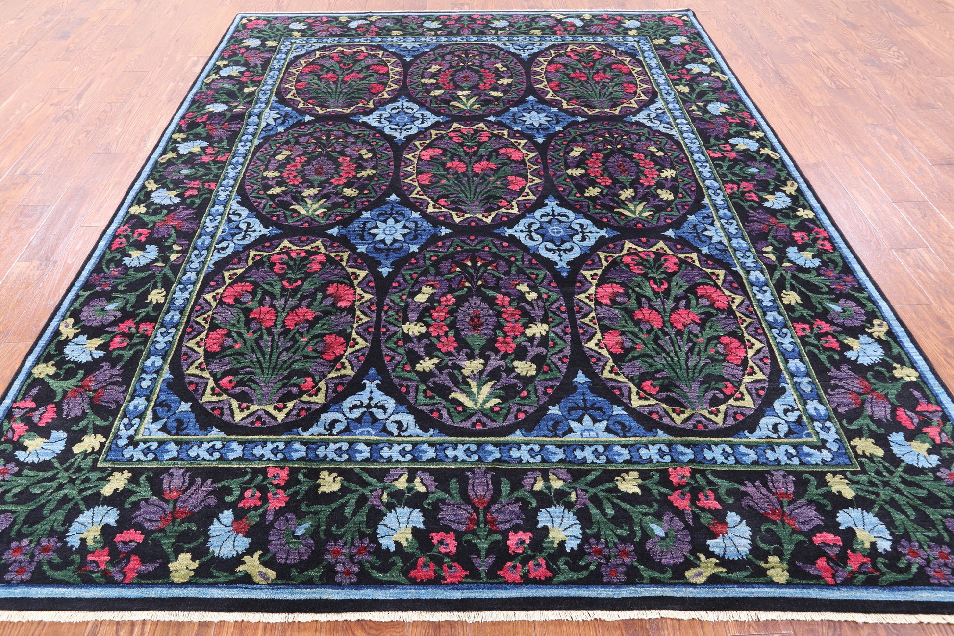 Black William Morris Hand Knotted Wool Area Rug - 8' 2" X 10' 0" - Golden Nile