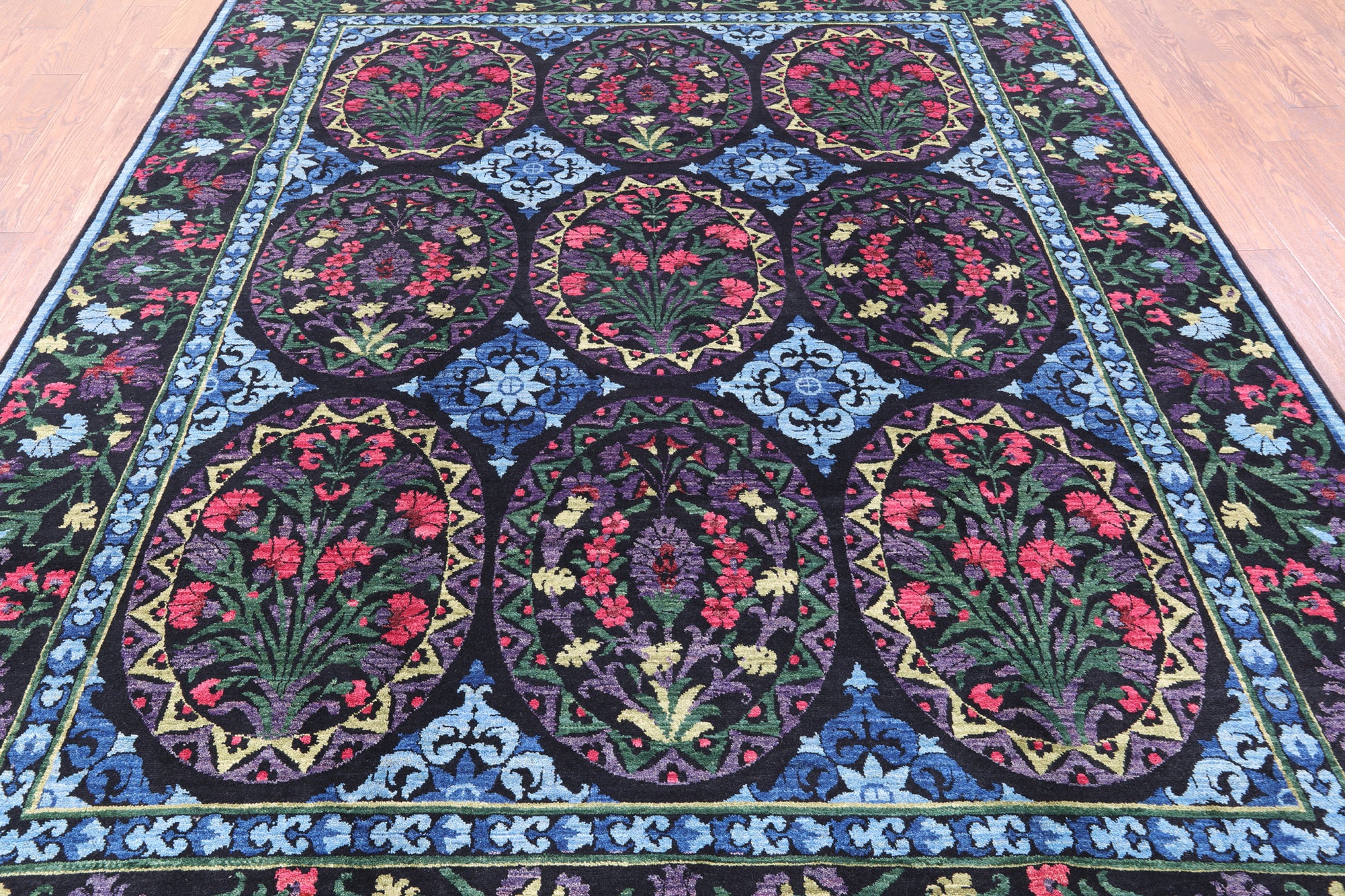 Black William Morris Hand Knotted Wool Area Rug - 8' 2" X 10' 0" - Golden Nile