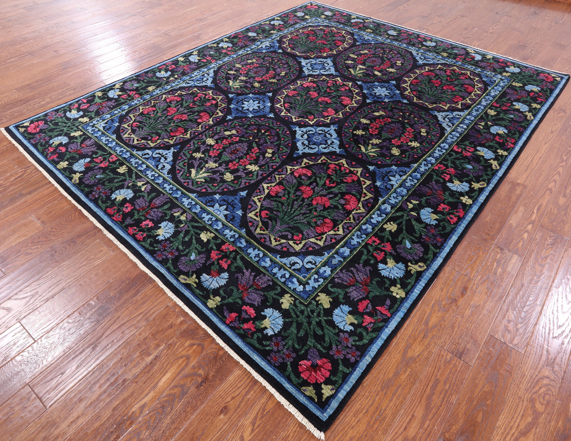 Black William Morris Hand Knotted Wool Area Rug - 8' 2" X 10' 0" - Golden Nile