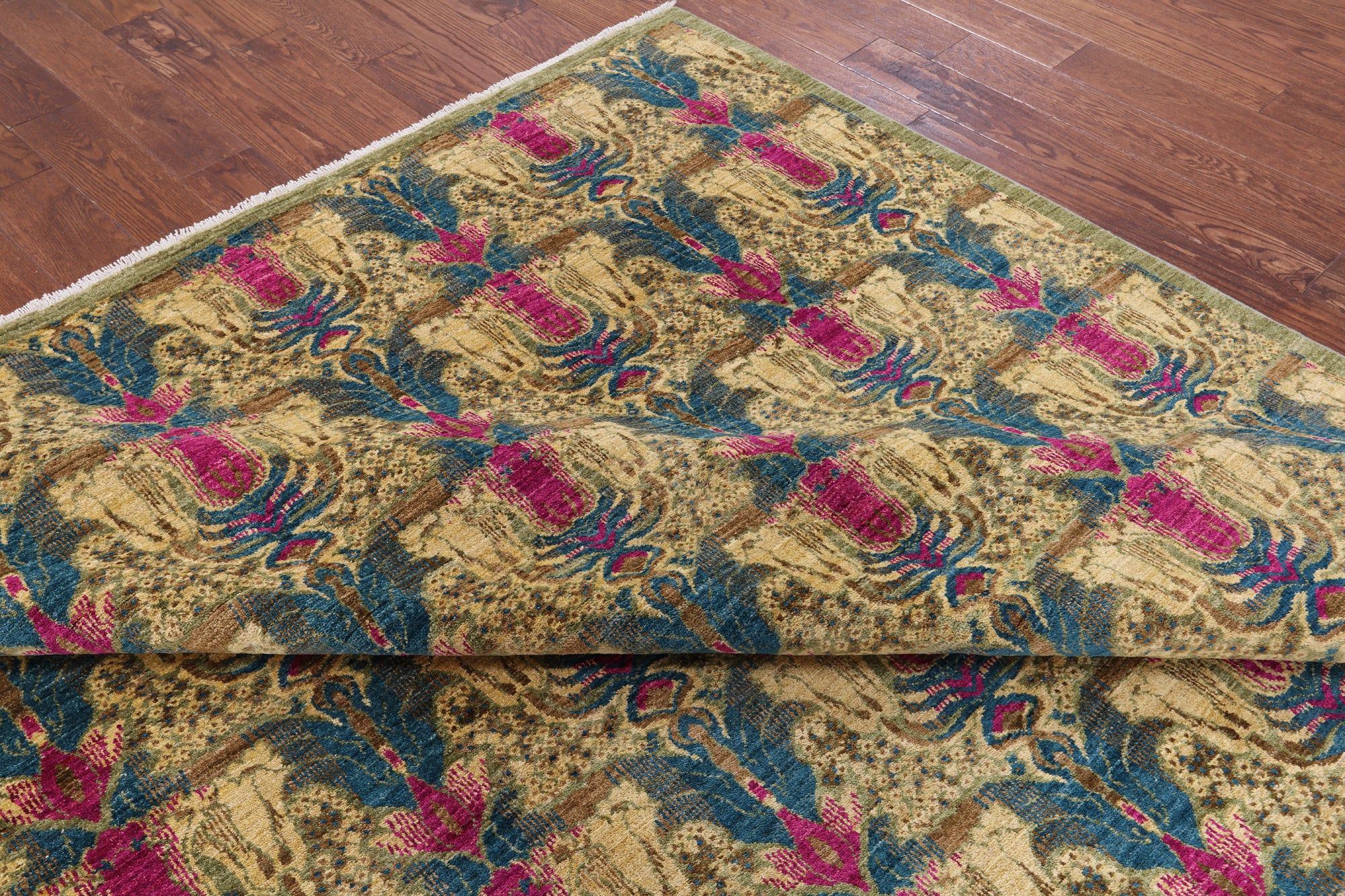 Green William Morris Hand Knotted Wool Area Rug - 8' 0" X 10' 0" - Golden Nile