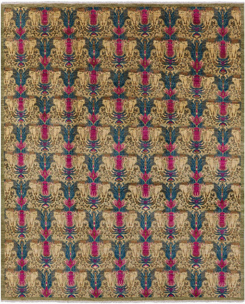 Green William Morris Hand Knotted Wool Area Rug - 8' 0" X 10' 0" - Golden Nile