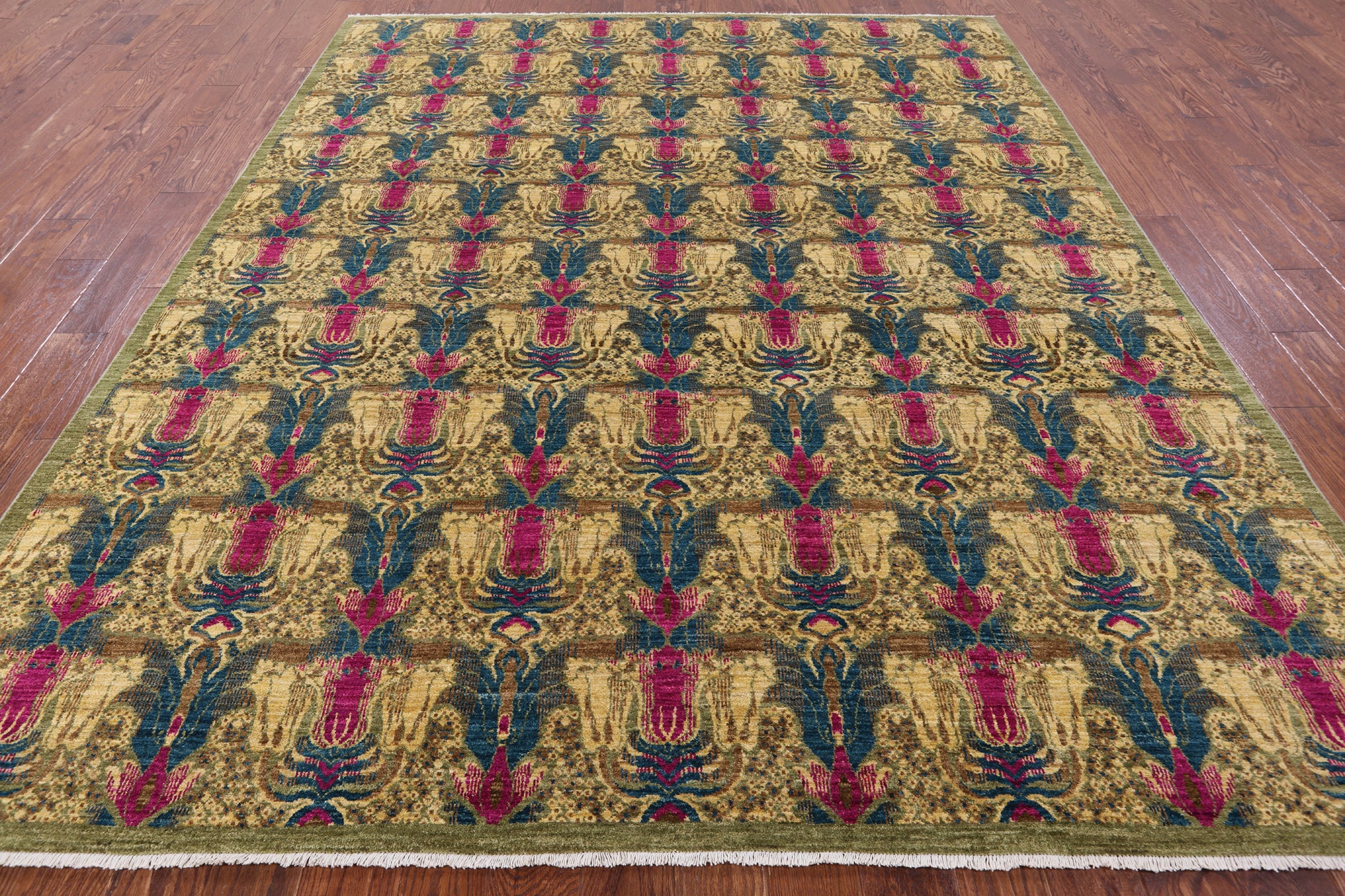 Green William Morris Hand Knotted Wool Area Rug - 8' 0" X 10' 0" - Golden Nile