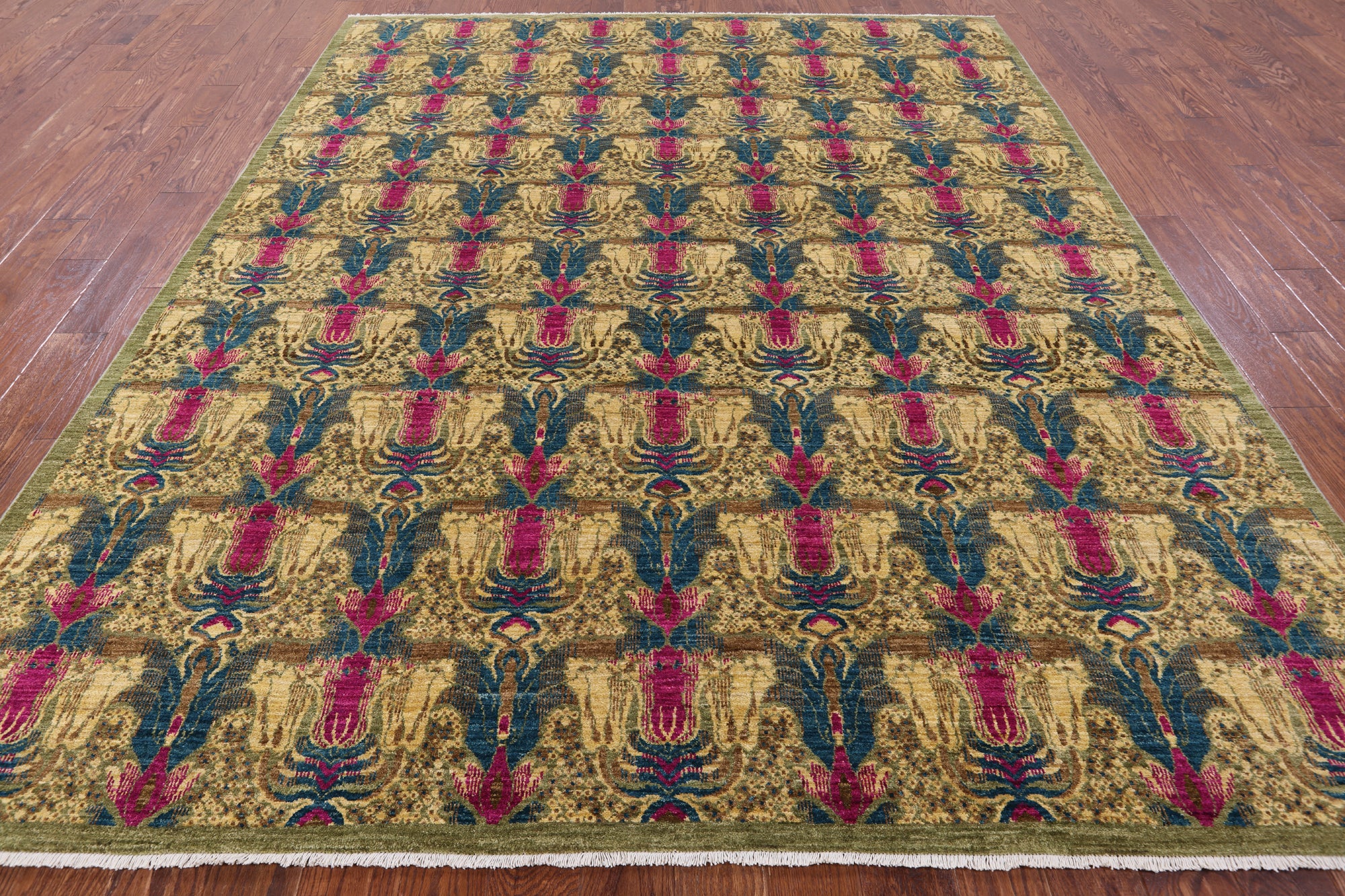 Green William Morris Hand Knotted Wool Area Rug - 8' 0" X 10' 0" - Golden Nile