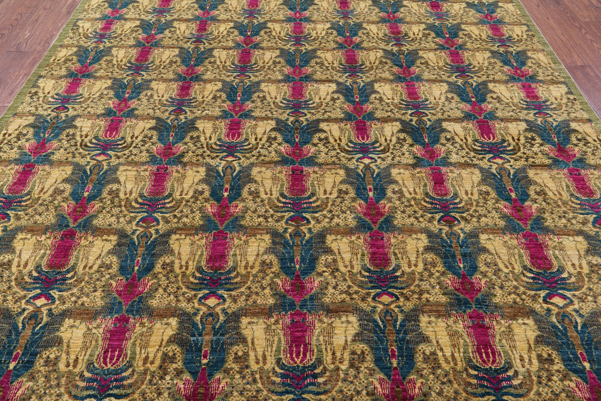 Green William Morris Hand Knotted Wool Area Rug - 8' 0" X 10' 0" - Golden Nile