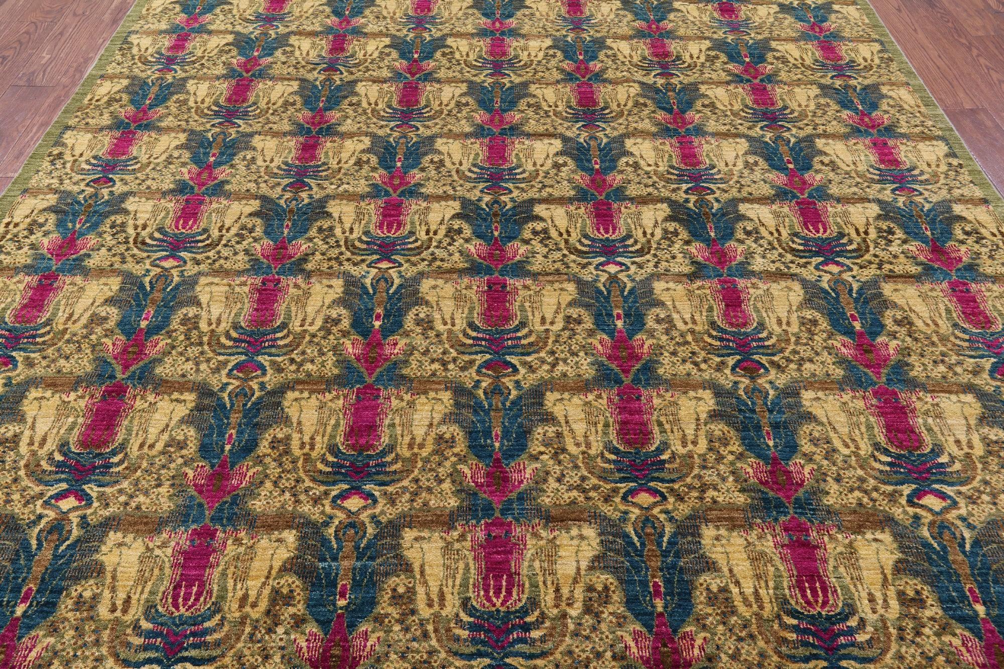 Green William Morris Hand Knotted Wool Area Rug - 8' 0" X 10' 0" - Golden Nile