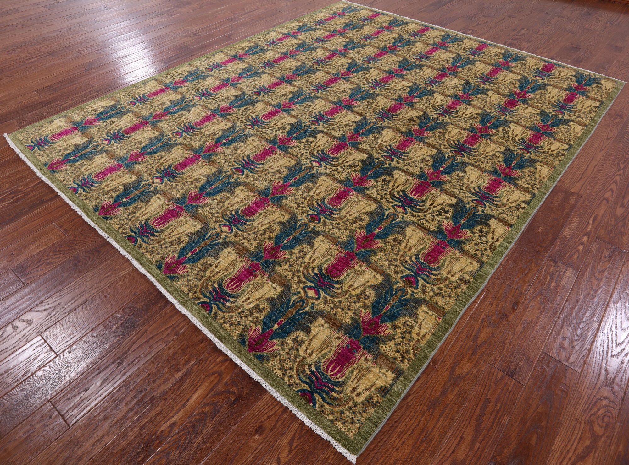 Green William Morris Hand Knotted Wool Area Rug - 8' 0" X 10' 0" - Golden Nile