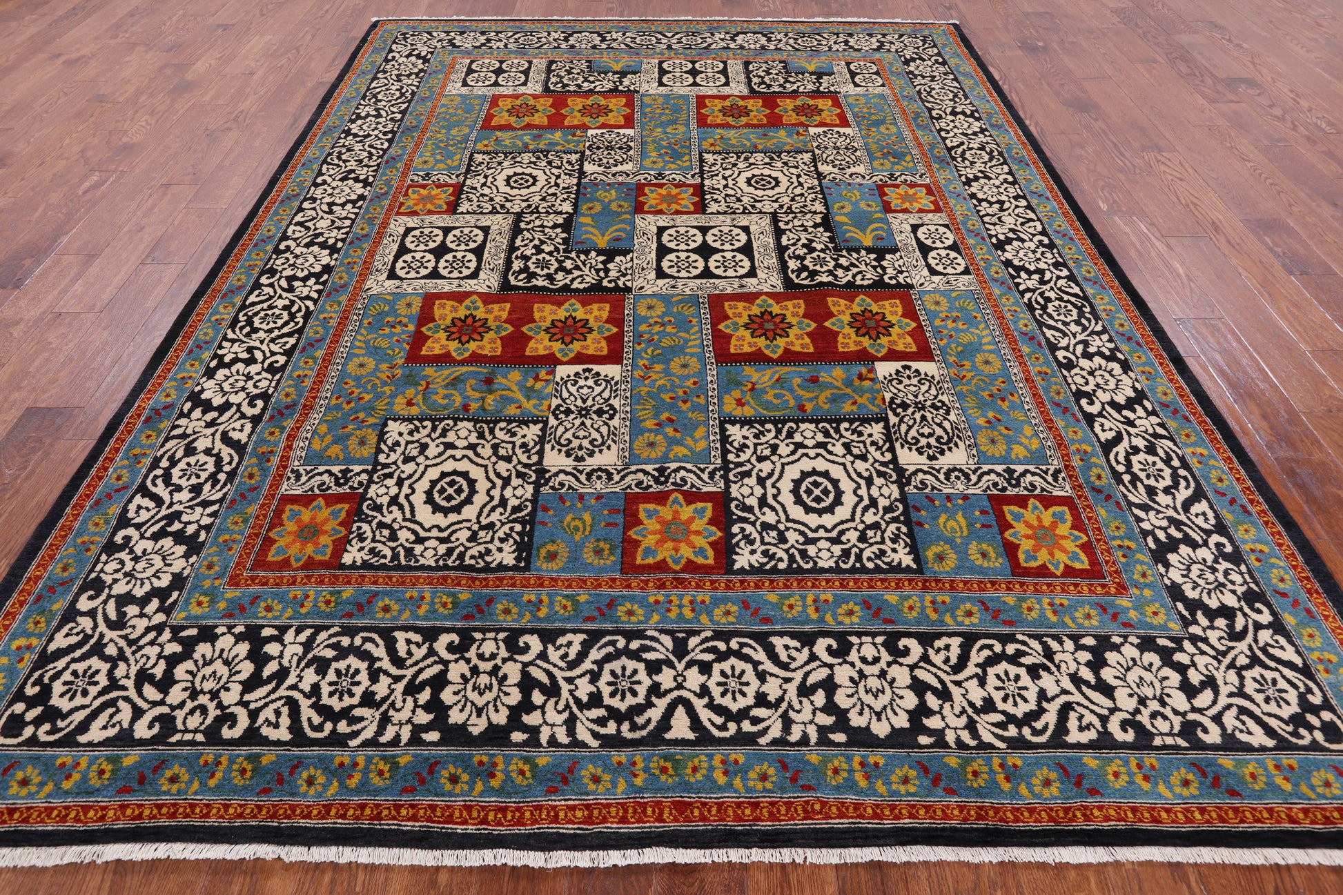 Black William Morris Handmade Wool Area Rug - 7' 11" X 10' 7" - Golden Nile