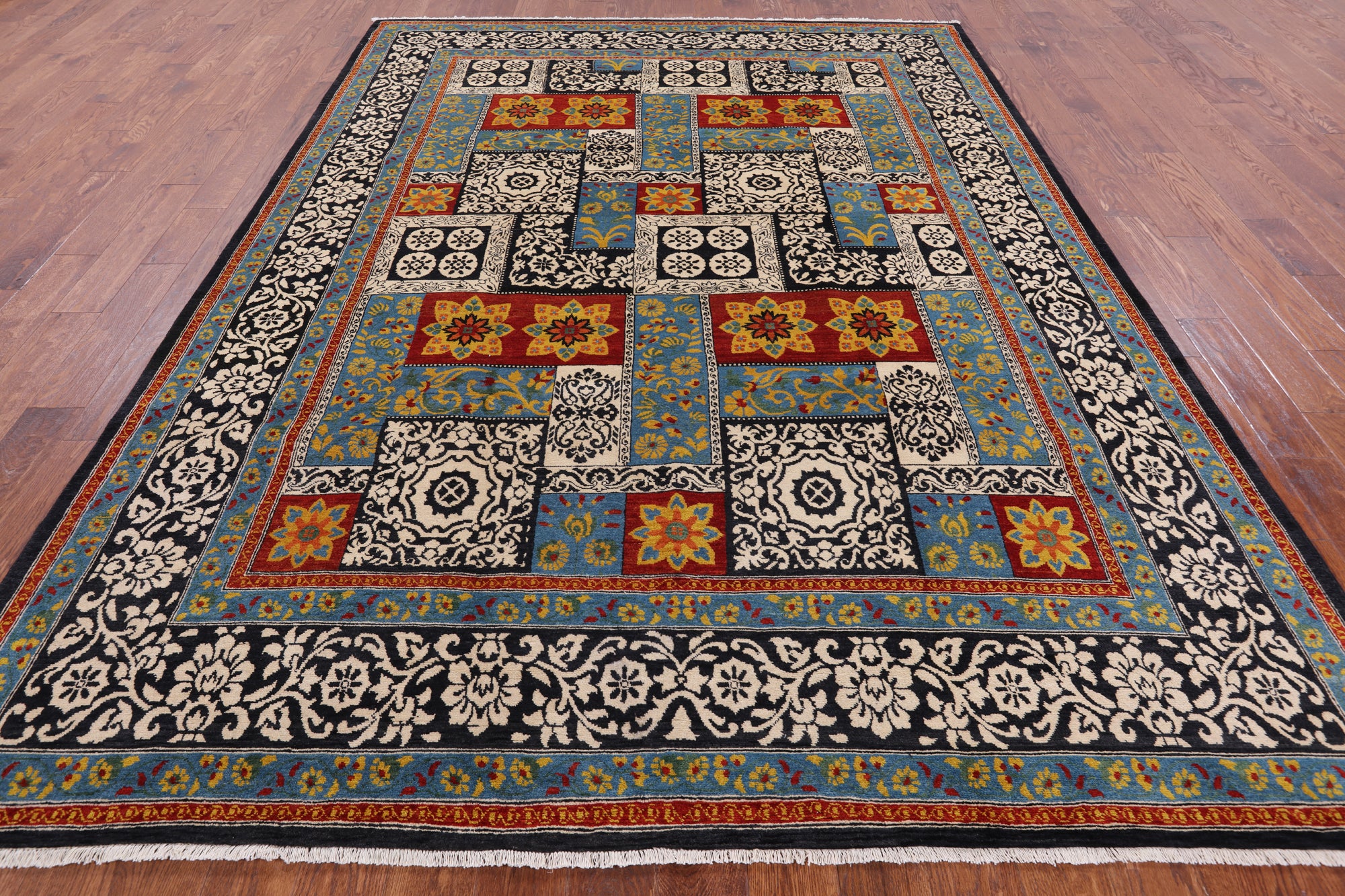 Black William Morris Handmade Wool Area Rug - 7' 11" X 10' 7" - Golden Nile