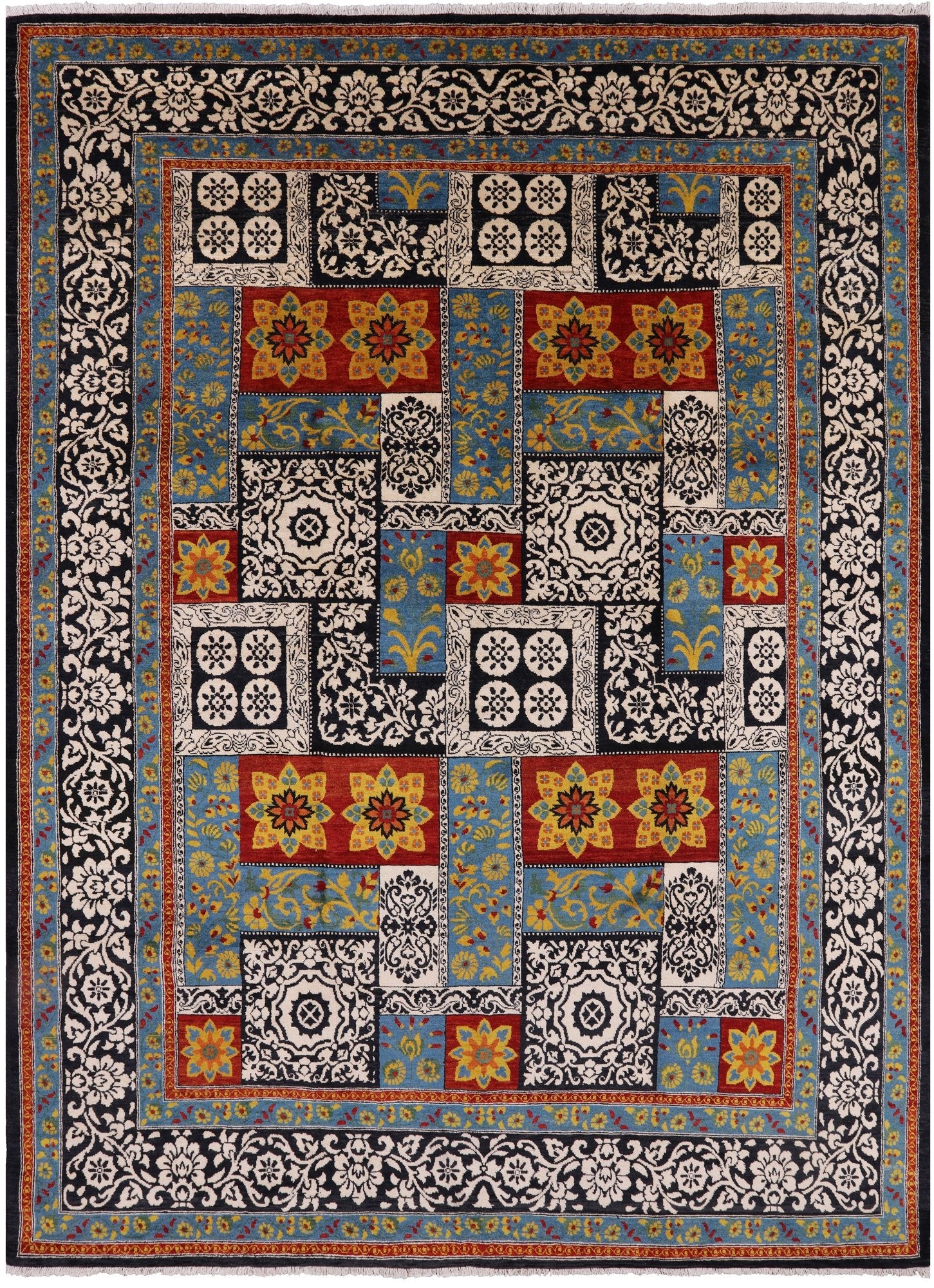 Black William Morris Handmade Wool Area Rug - 7' 11" X 10' 7" - Golden Nile
