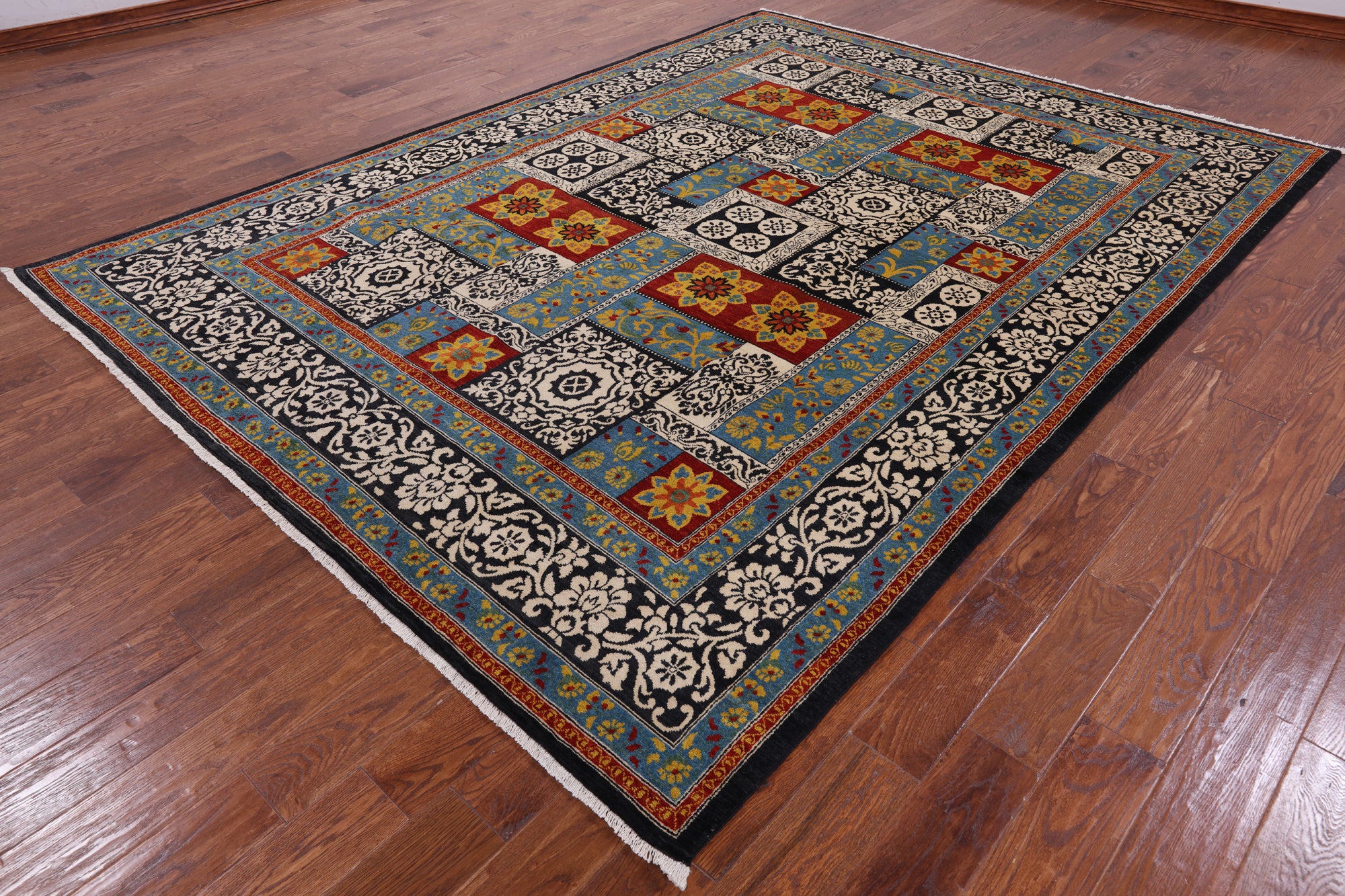 Black William Morris Handmade Wool Area Rug - 7' 11" X 10' 7" - Golden Nile