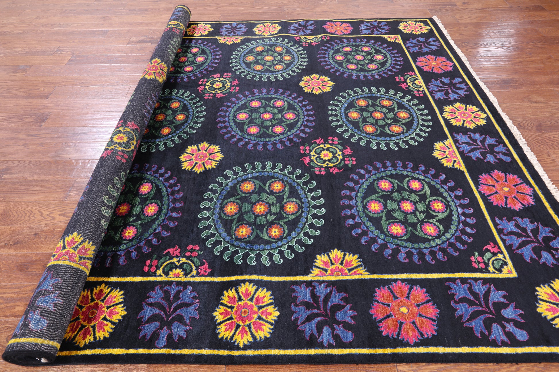 Black William Morris Hand Knotted Wool Rug - 8' 0" X 10' 1" - Golden Nile