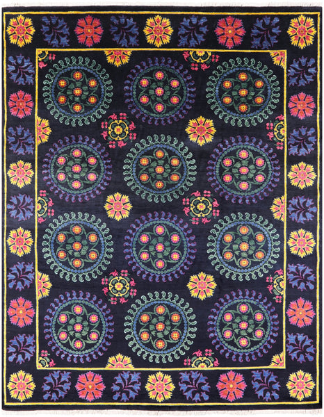 Black William Morris Hand Knotted Wool Rug - 8' 0" X 10' 1" - Golden Nile