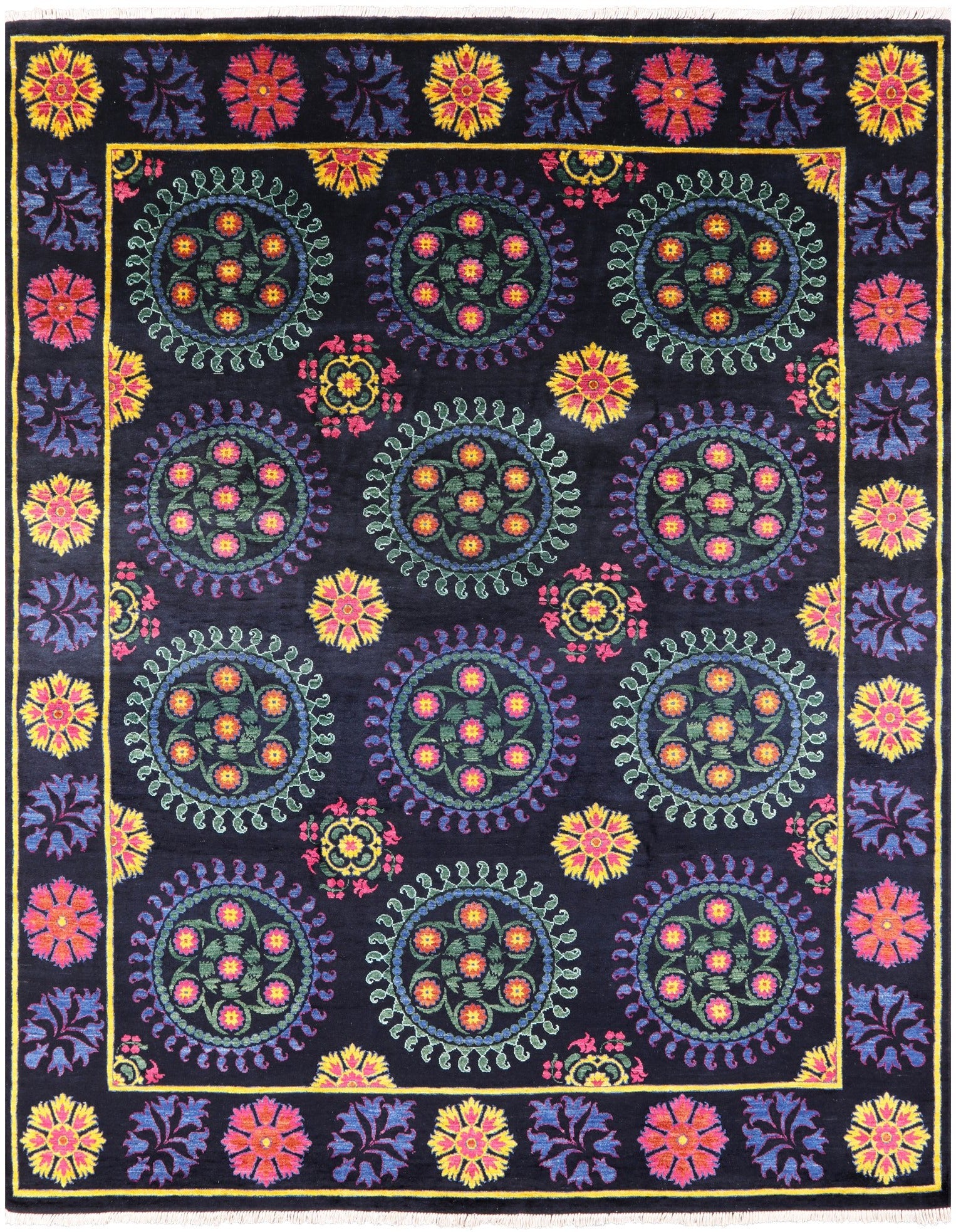 Black William Morris Hand Knotted Wool Rug - 8' 0" X 10' 1" - Golden Nile