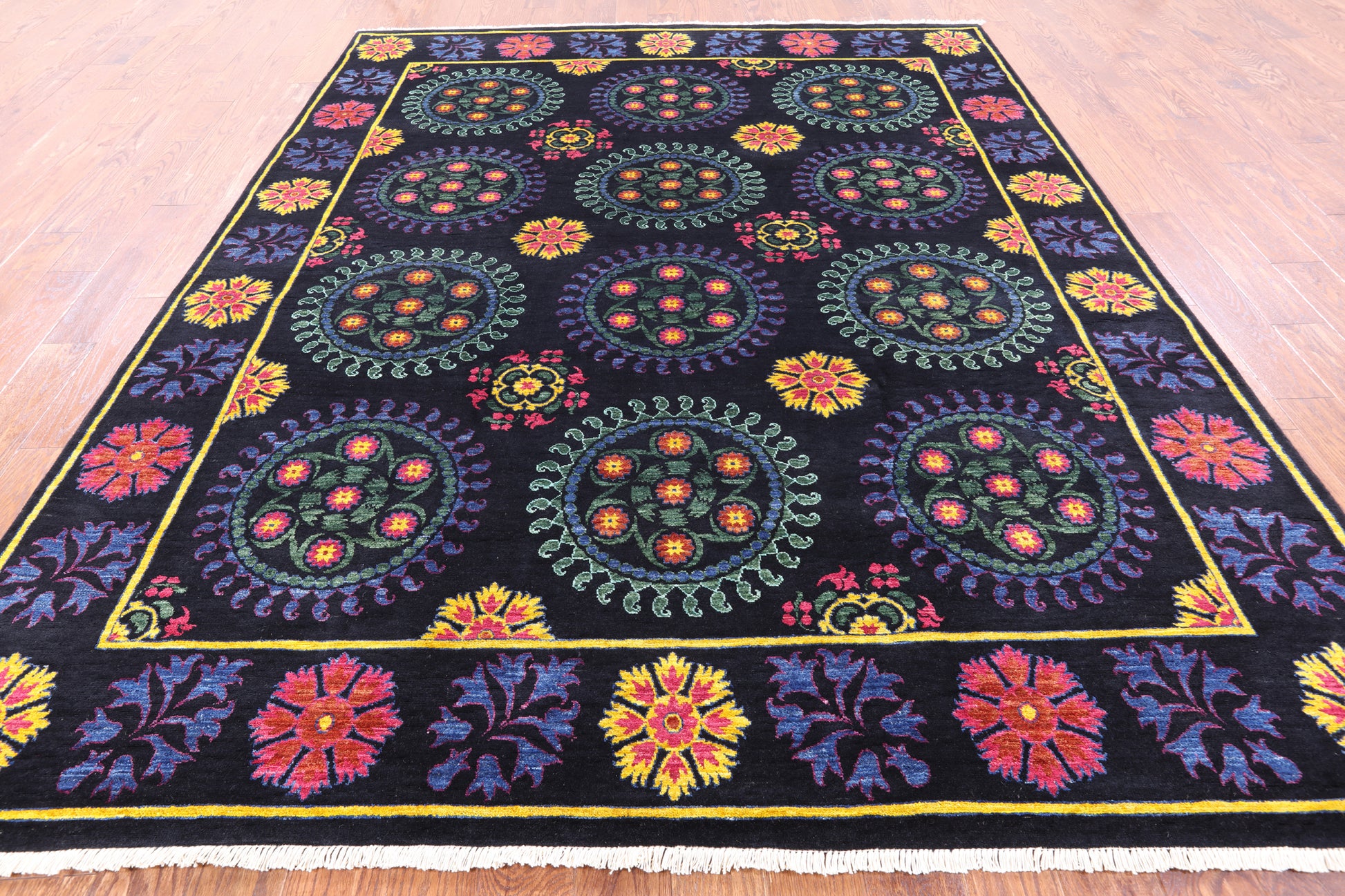 Black William Morris Hand Knotted Wool Rug - 8' 0" X 10' 1" - Golden Nile