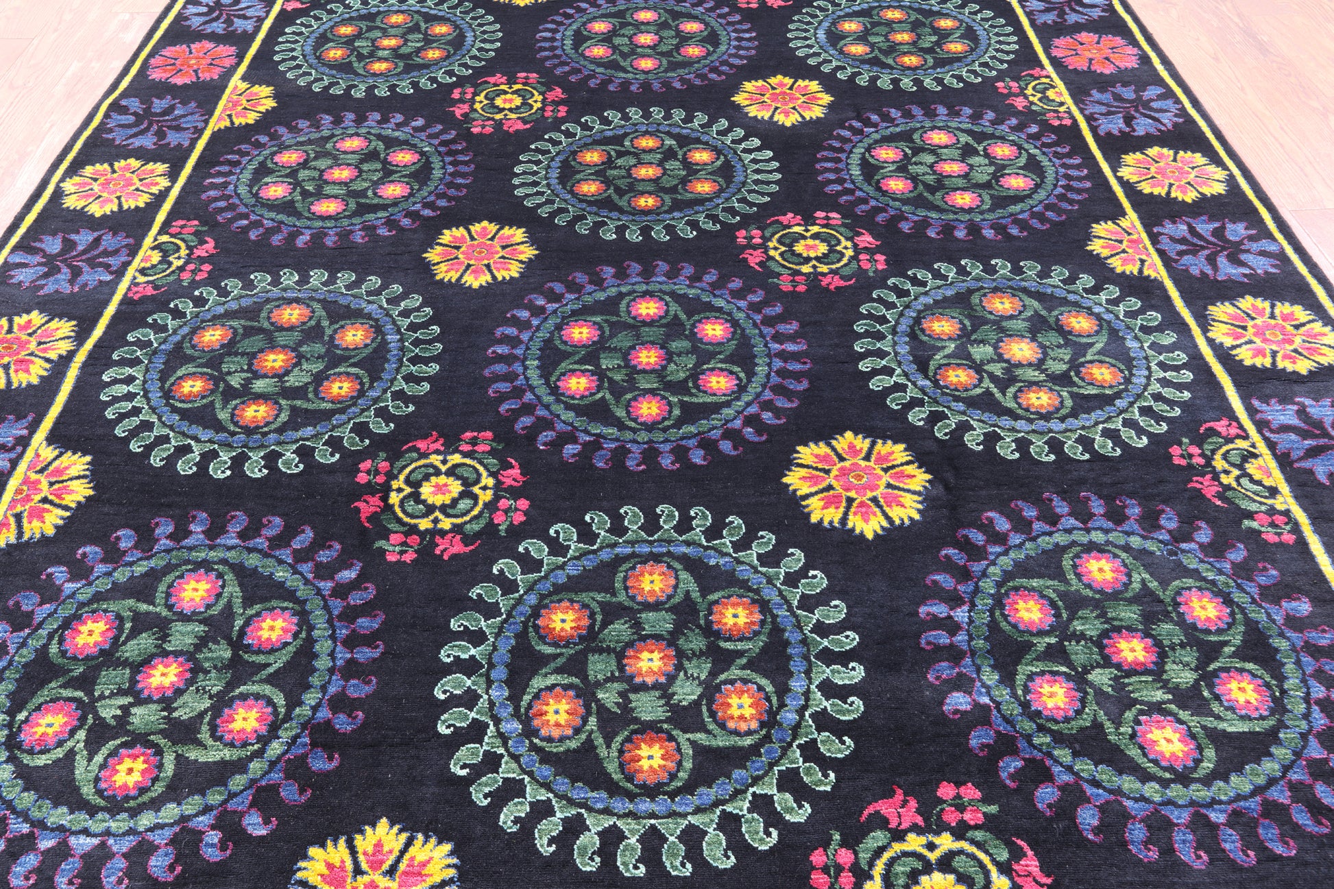 Black William Morris Hand Knotted Wool Rug - 8' 0" X 10' 1" - Golden Nile