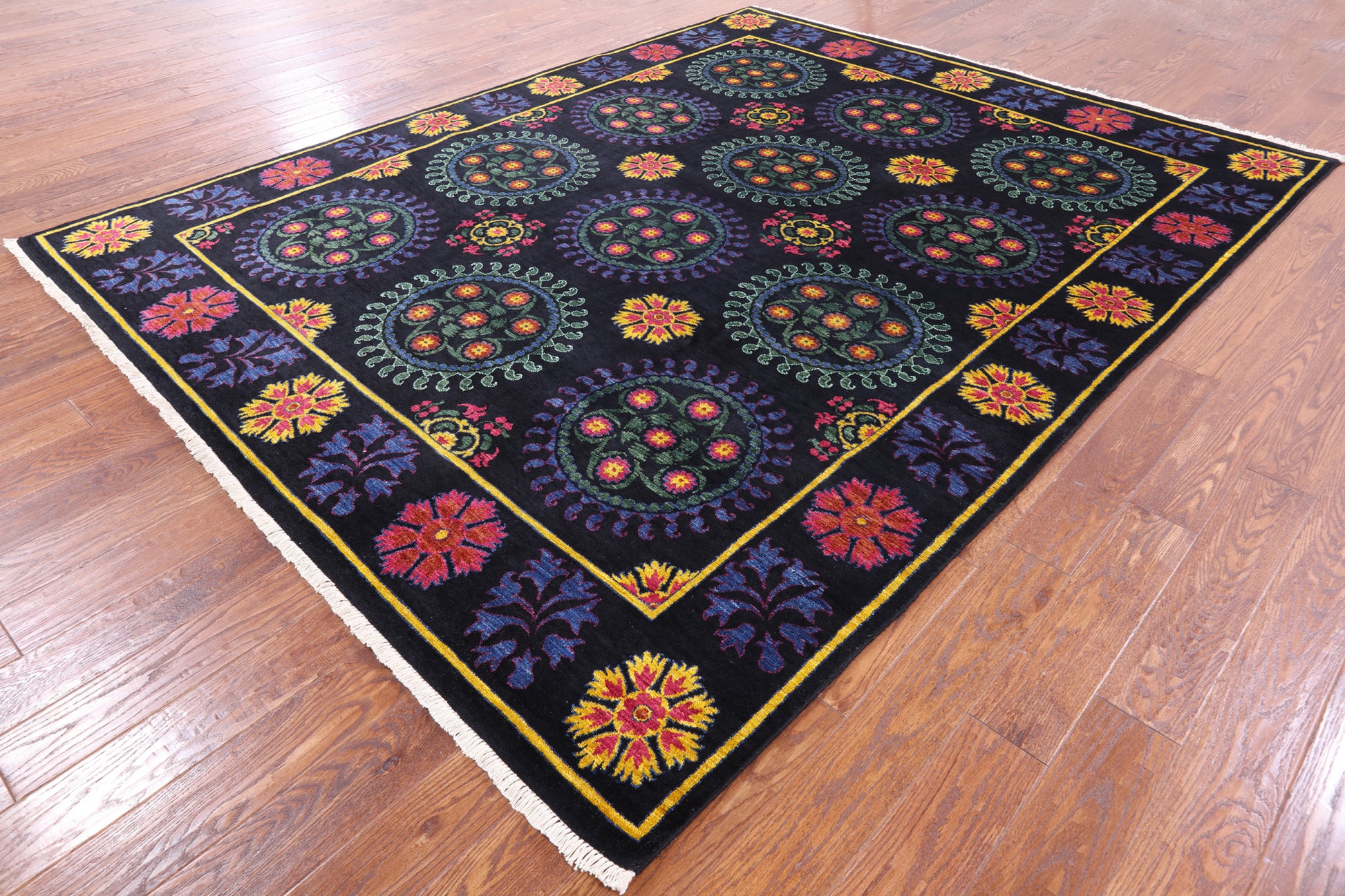 Black William Morris Hand Knotted Wool Rug - 8' 0" X 10' 1" - Golden Nile