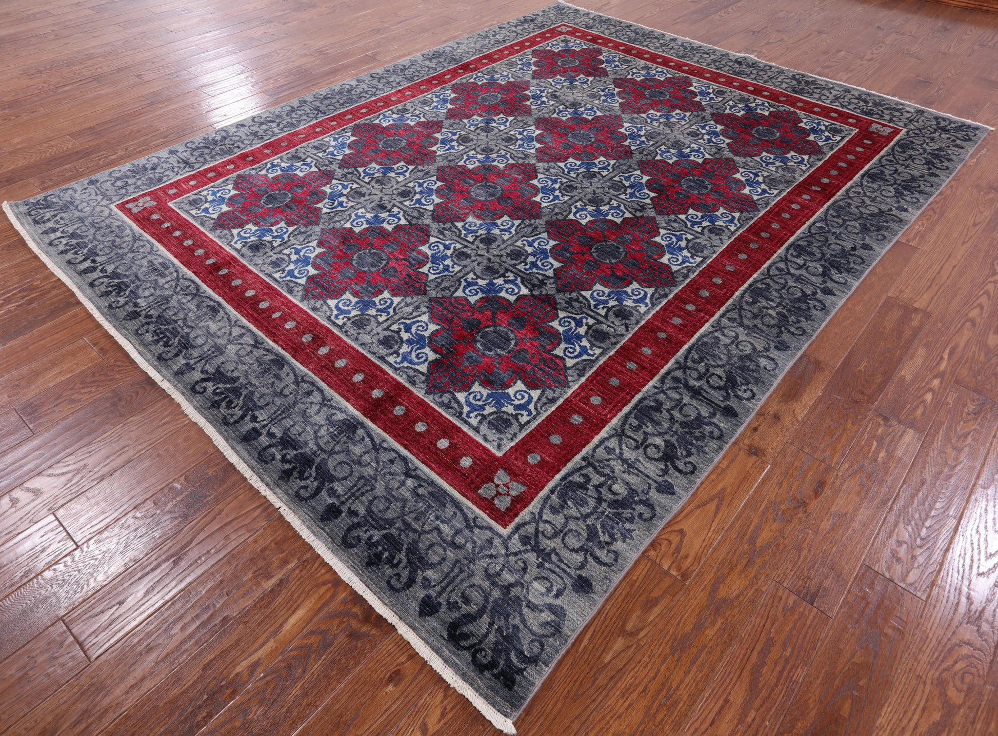 Grey William Morris Hand Knotted Wool Rug - 7' 10" X 10' 3" - Golden Nile