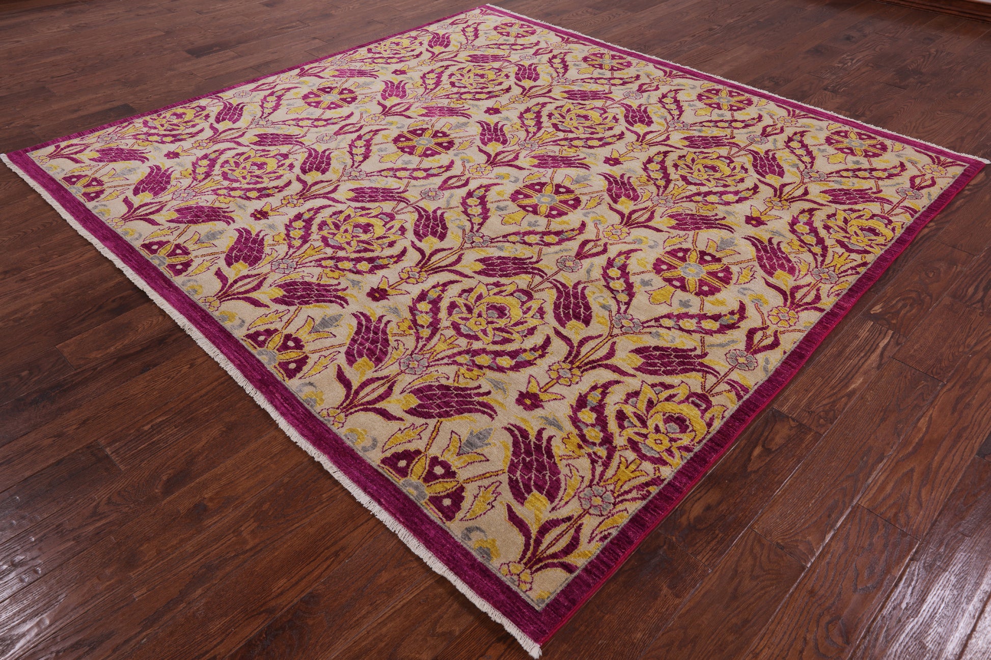 Square William Morris Hand Knotted Wool Rug - 7' 10" X 8' 3" - Golden Nile