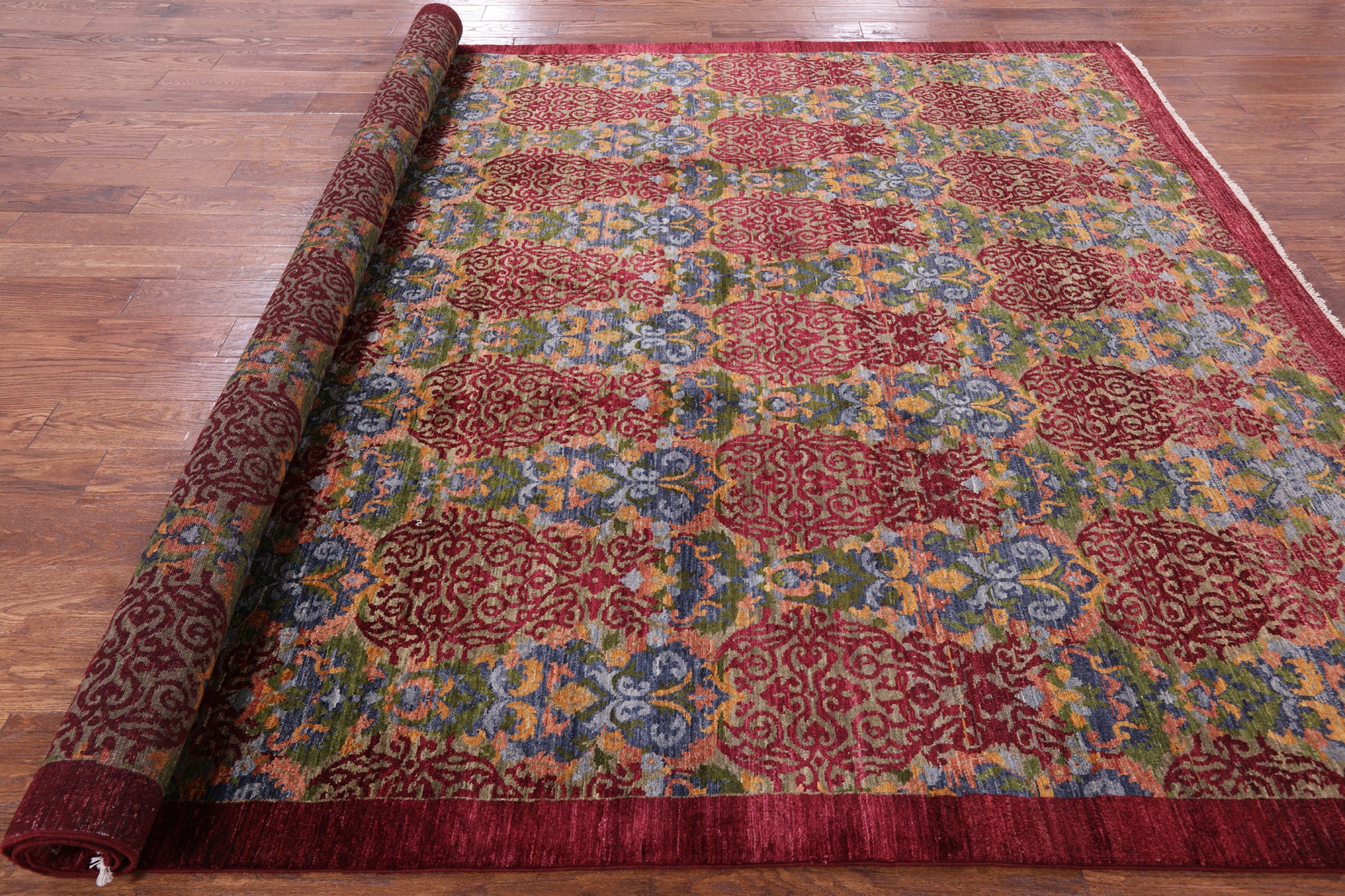Red William Morris Handmade Wool Rug - 7' 10" X 10' 1" - Golden Nile