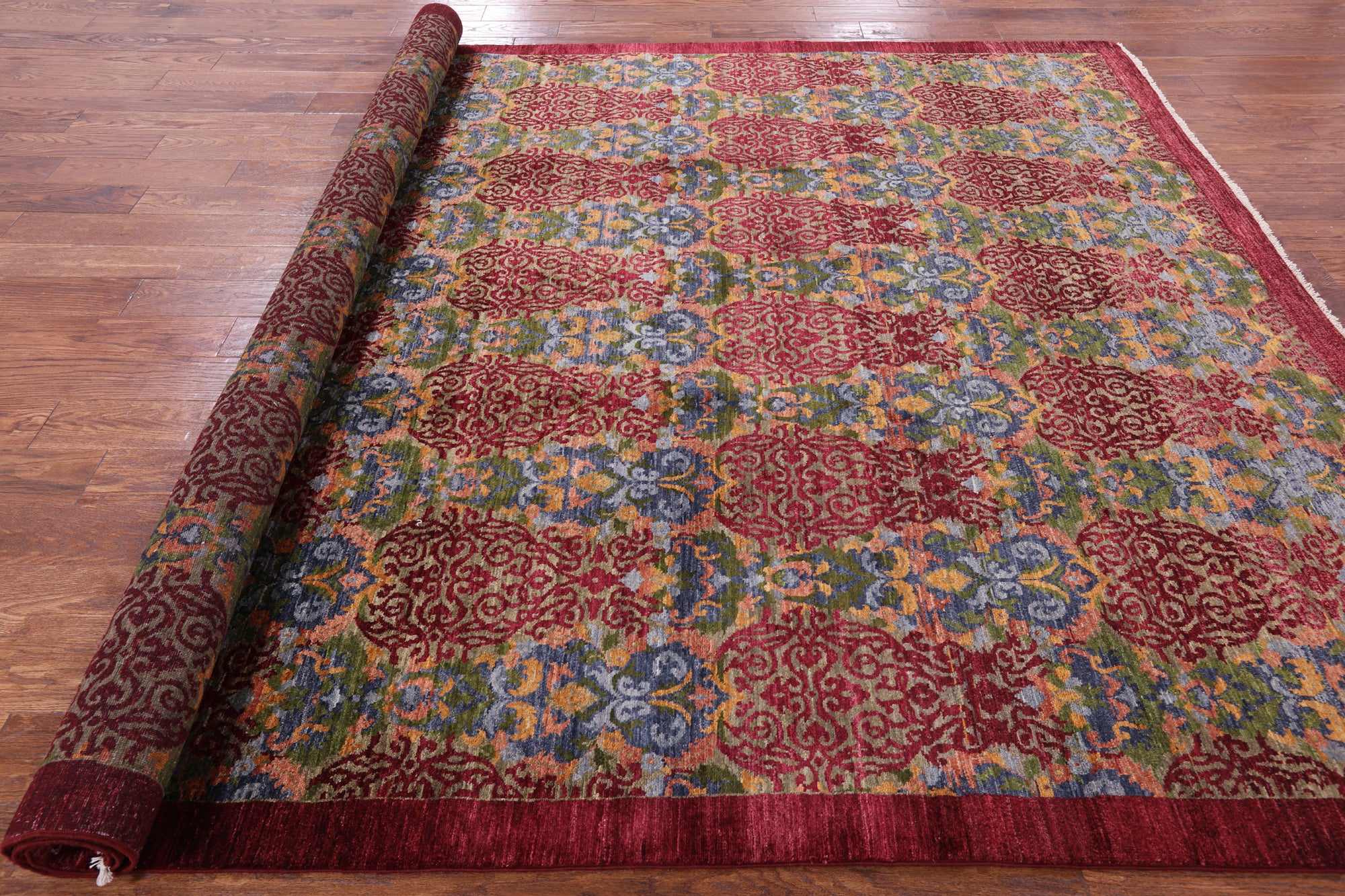 Red William Morris Handmade Wool Rug - 7' 10" X 10' 1" - Golden Nile