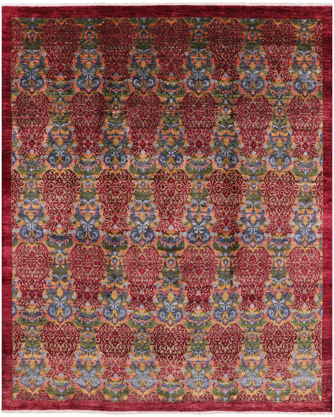 Red William Morris Handmade Wool Rug - 7' 10" X 10' 1" - Golden Nile