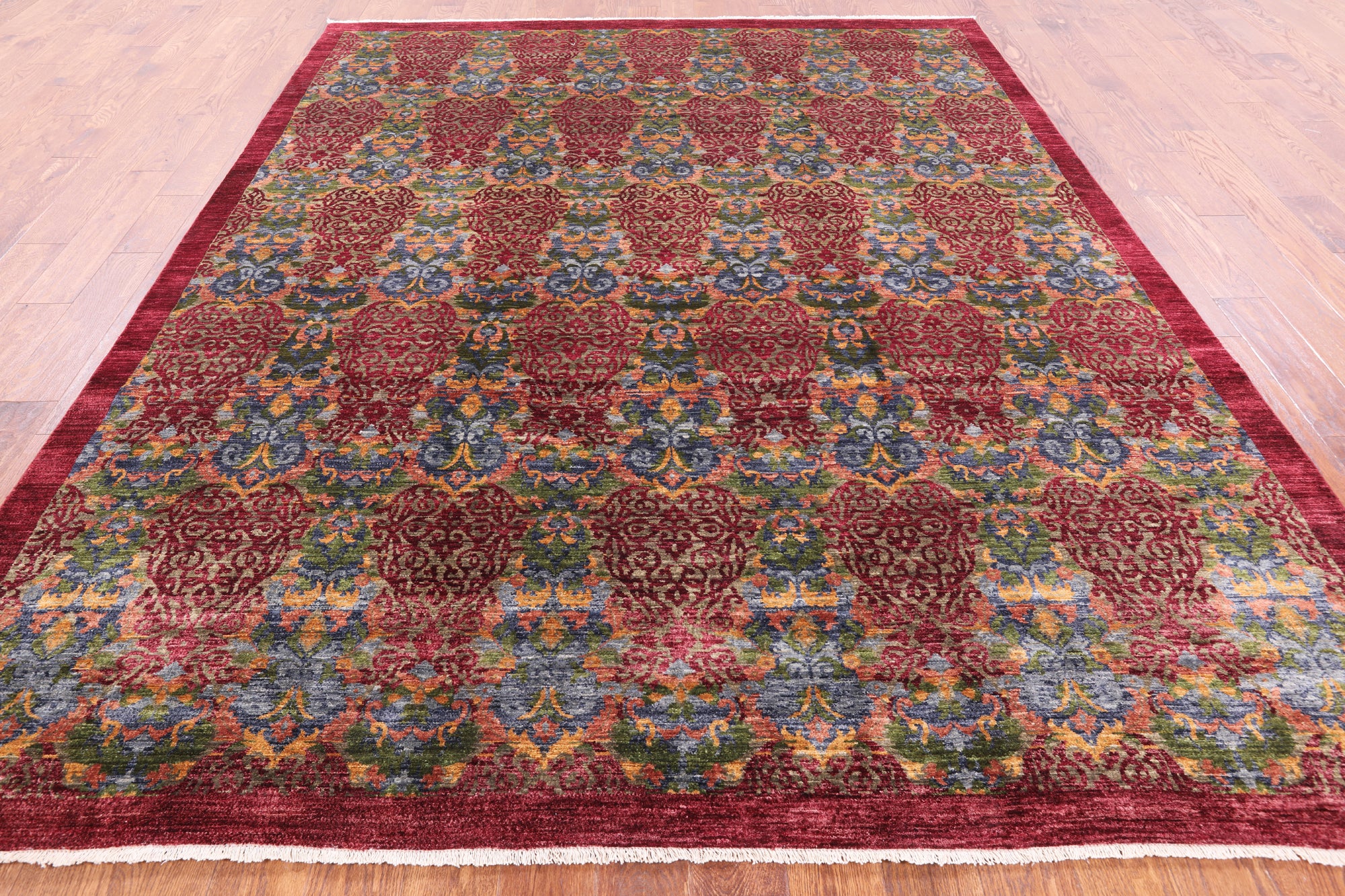 Red William Morris Handmade Wool Rug - 7' 10" X 10' 1" - Golden Nile