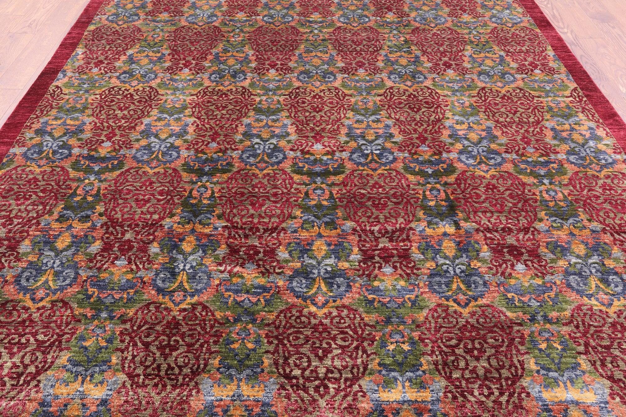 Red William Morris Handmade Wool Rug - 7' 10" X 10' 1" - Golden Nile