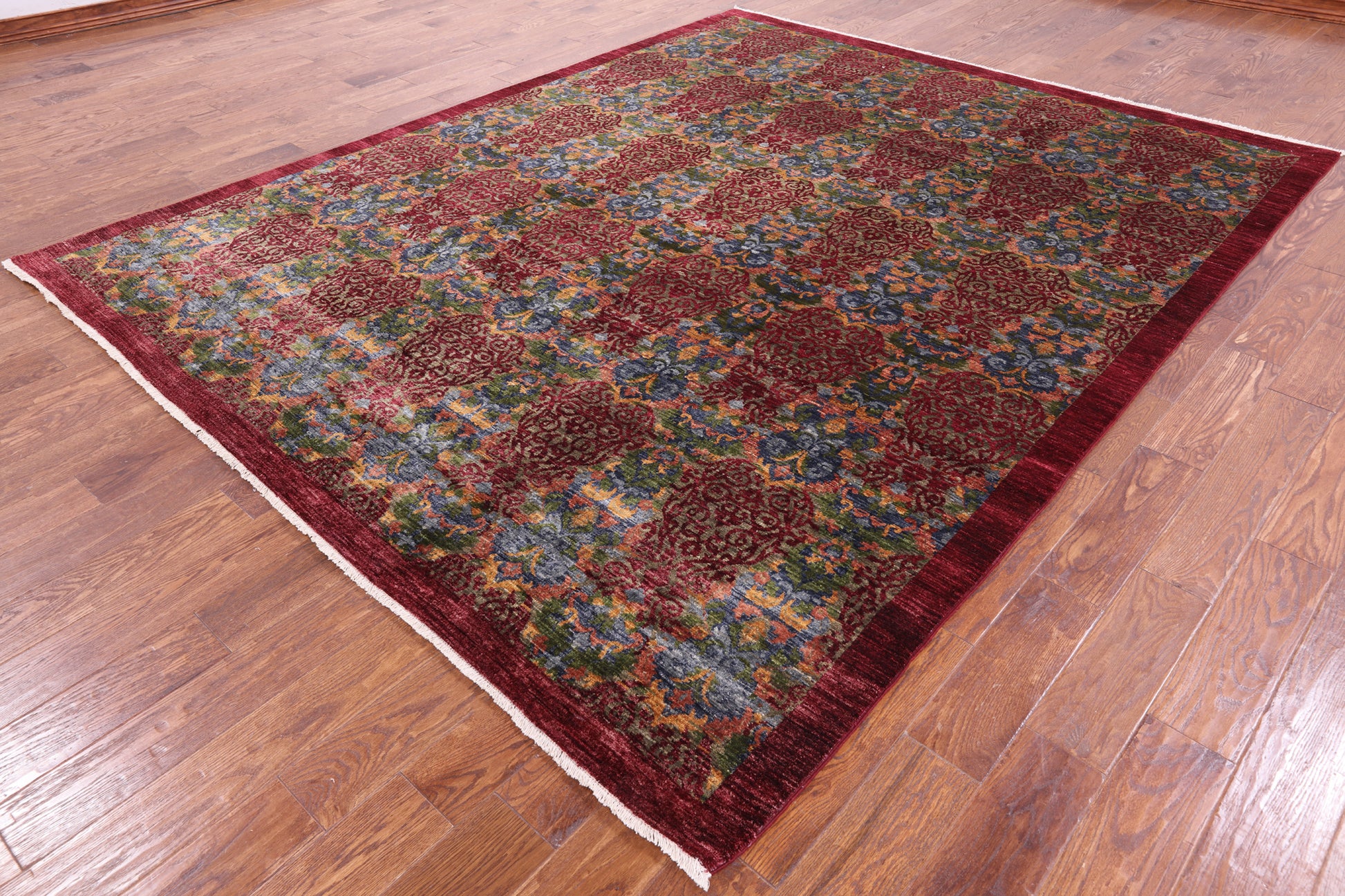 Red William Morris Handmade Wool Rug - 7' 10" X 10' 1" - Golden Nile