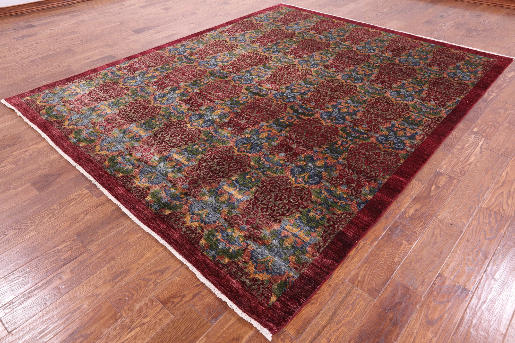 Red William Morris Handmade Wool Rug - 7' 10" X 10' 1" - Golden Nile