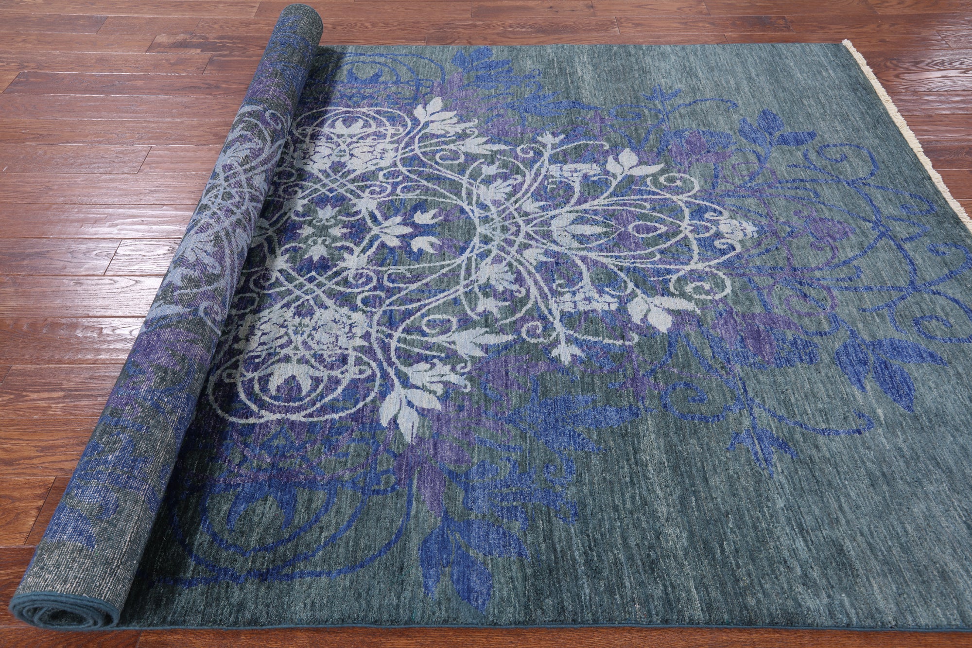 Green William Morris Hand Knotted Wool Rug - 6' 1" X 9' 7" - Golden Nile