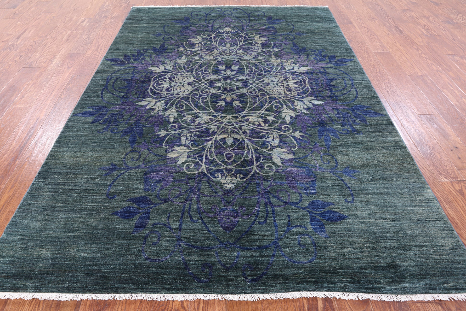 Green William Morris Handmade Wool Rug - 6' 2" X 8' 7" - Golden Nile