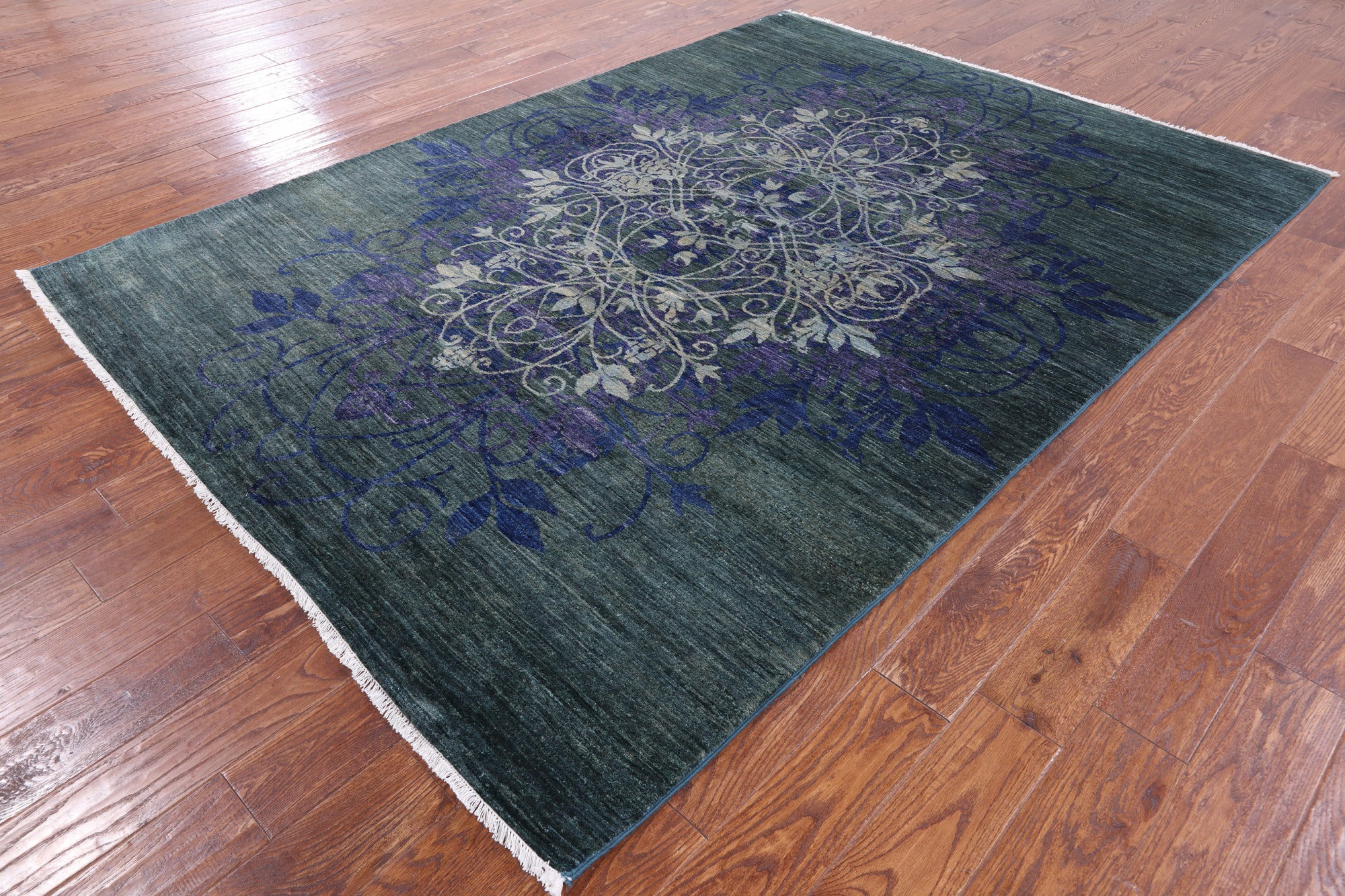 Green William Morris Handmade Wool Rug - 6' 2" X 8' 7" - Golden Nile
